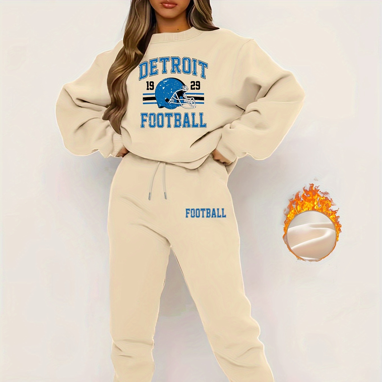 

Women's Football Sweatshirt And Joggers Set, Polyester Knit, Cartoon Print, Casual Round Neck, Drawstring Pants, Fall/, Sports Apparel