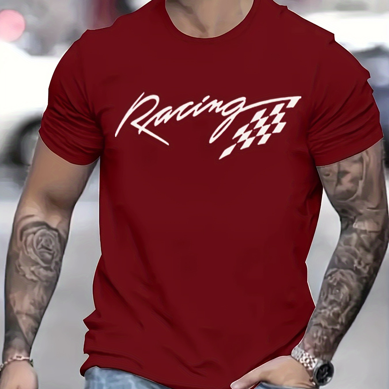 

Racing Letter Print Men's Crew Neck Short Sleeve Tees, Casual T-shirt, Summer Trendy Comfortable Lightweight Top For Everyday Wear