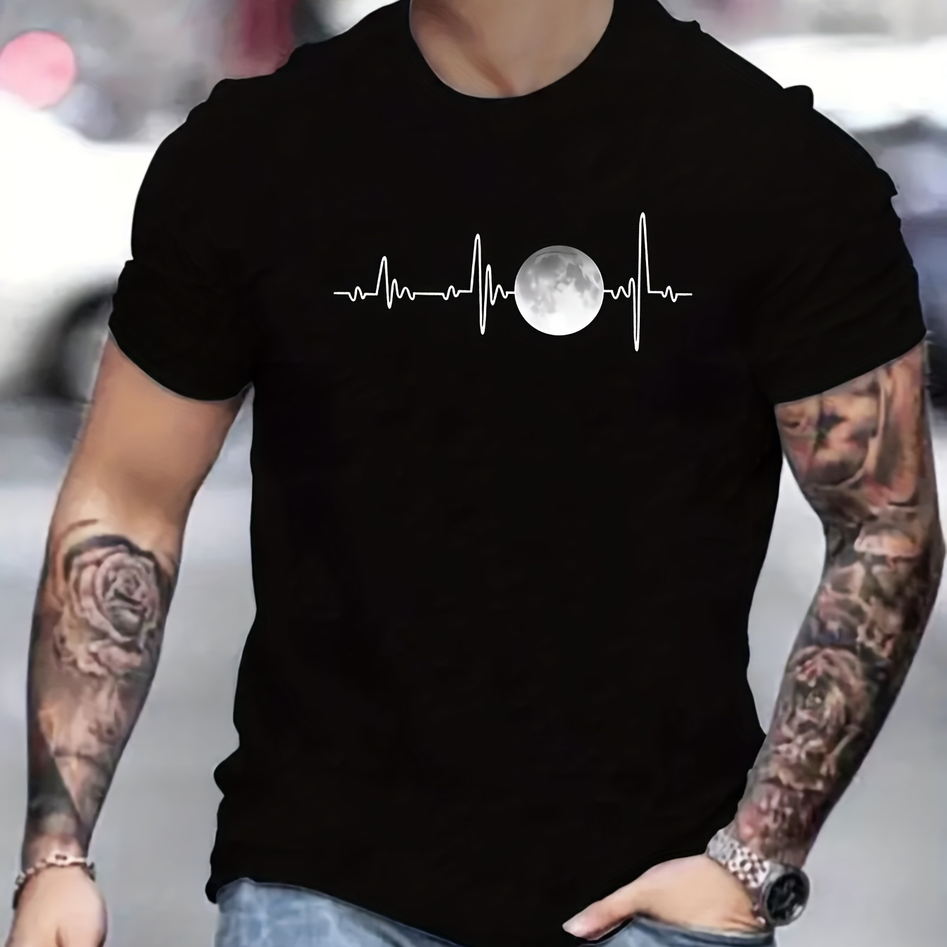 

Men's Stylish Moon Creative Print T-shirt, Crew Neck Short Sleeve, Casual Tee, Versatile Top For Spring And Summer, Trendy Streetwear Fashion