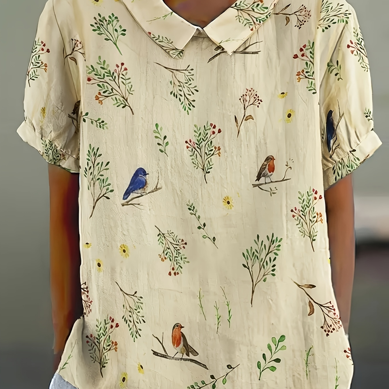 

Women's Elegant Art Print Short Sleeve Blouse With Leaf & Bird Pattern - Lightweight Polyester, Ruffle Detail, Machine Washable - Ideal For Spring/summer