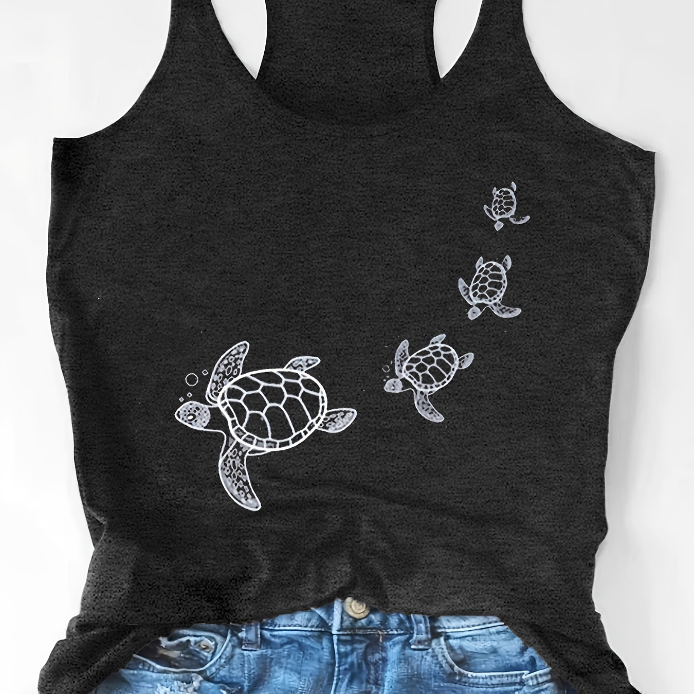 

Turtle Print Crew Neck Tank Top, Casual Sleeveless Tank Top For Spring & Summer, Women's Clothing