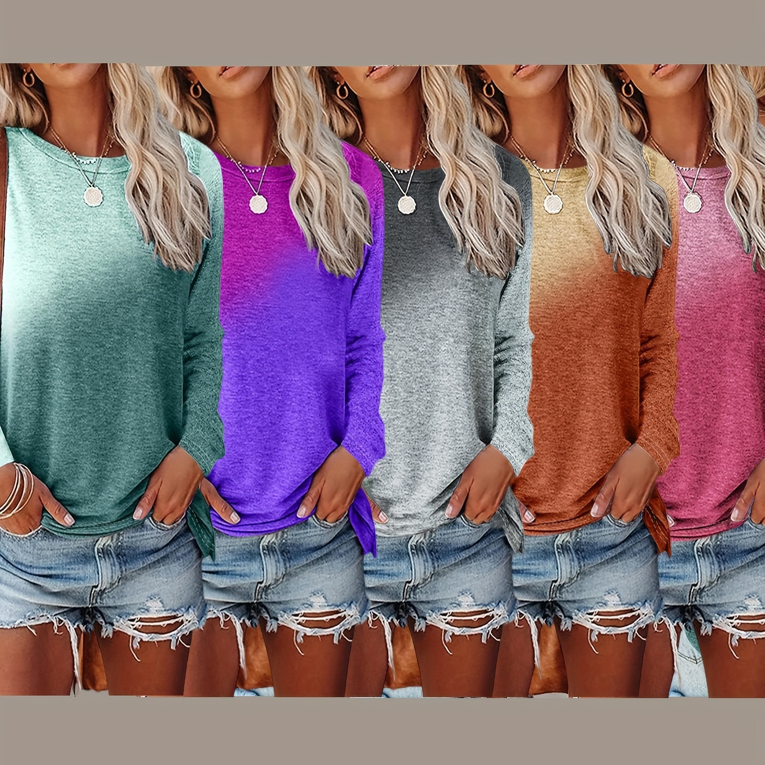 

Women's 5-pack Polyester Long Sleeve T-shirts - Casual Crew Neck Knit Tops With Print, Regular Length, Fall/winter Collection