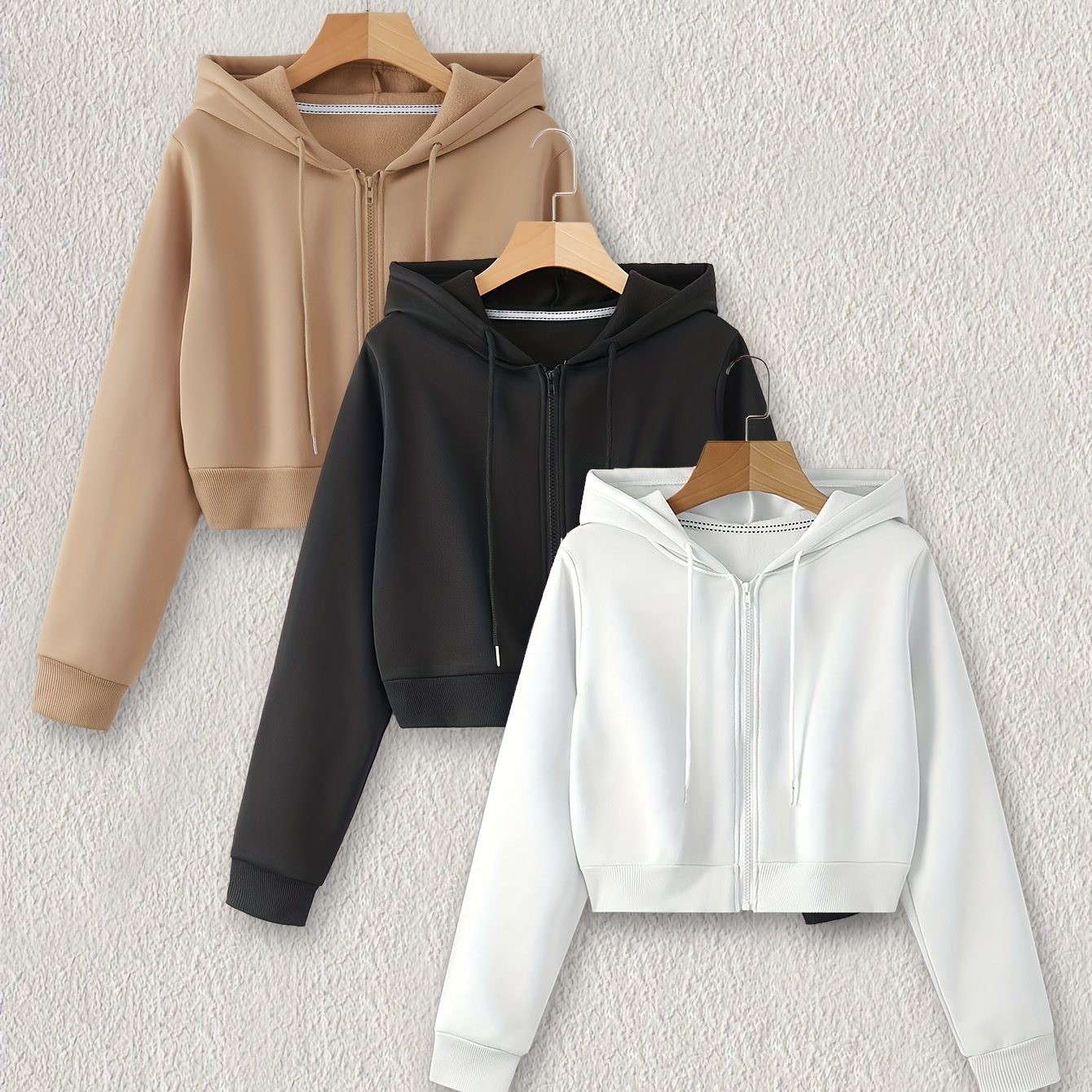 

3pcs Solid Color Zipper Front Hoodie, Casual Long Sleeve Hoodie For Fall & Spring, Women's Clothing