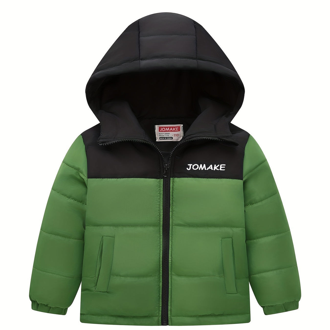 

Jomake Preppy Style Hooded Puffer Jacket For Kids - Unisex Fashion Color Block Design With Embroidered Lettering, 100% Polyester Filled, Solid Color, Long Sleeve, Regular Fit, With Pockets