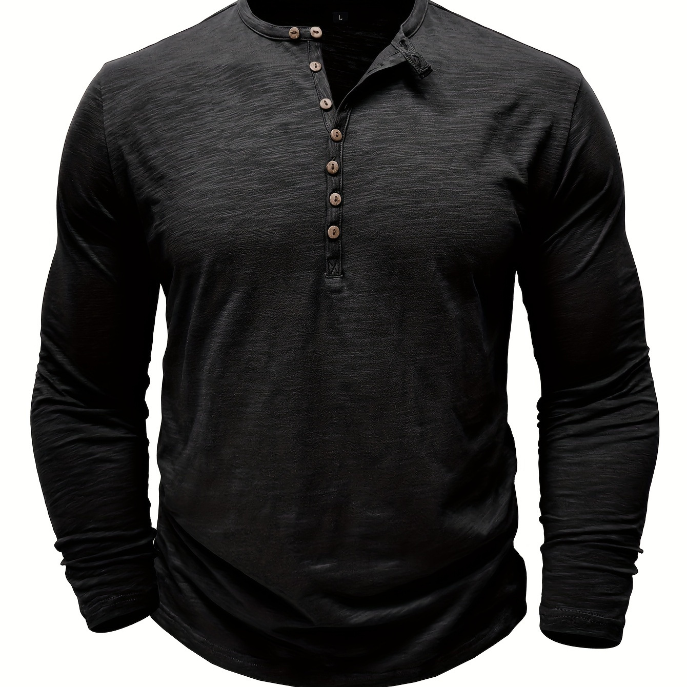 

Solid Color Men's All-match Cotton Comfy Long Sleeve Round Neck Henley Shirt, Spring Fall