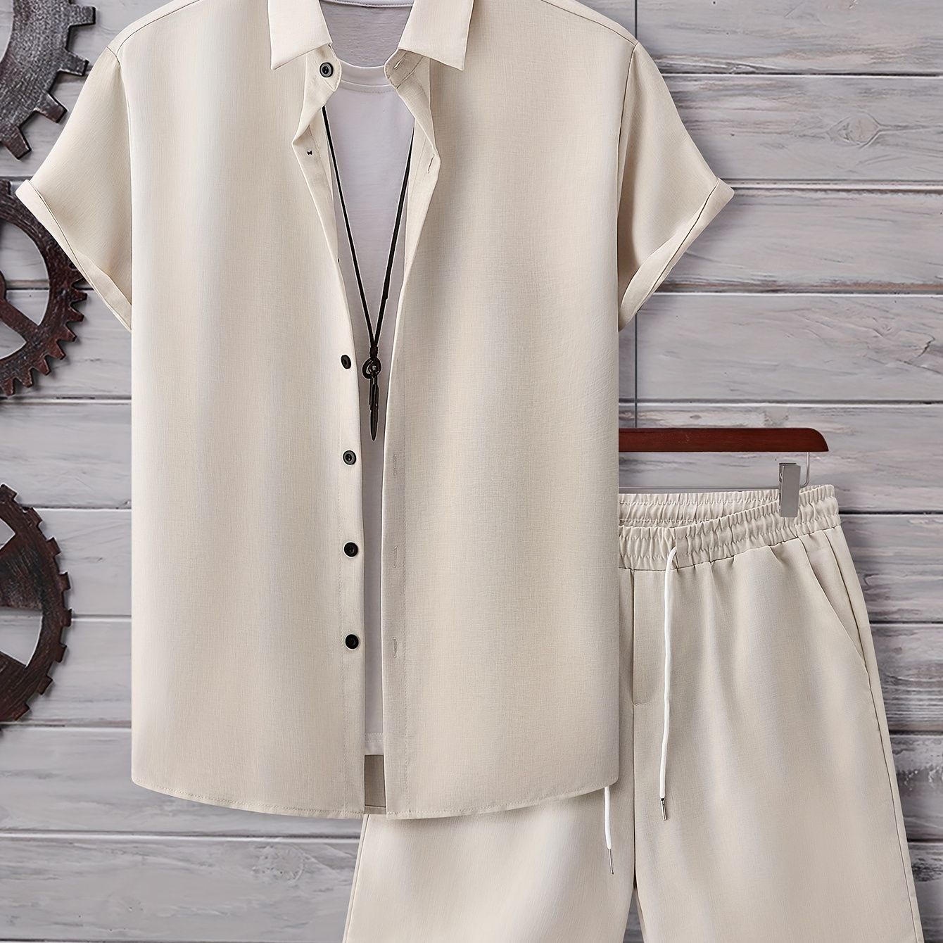 

2-piece Men's Solid Summer Outfit Set, Short Sleeve Button Up Lapel Shirt Top & Drawstring Shorts With Pockets