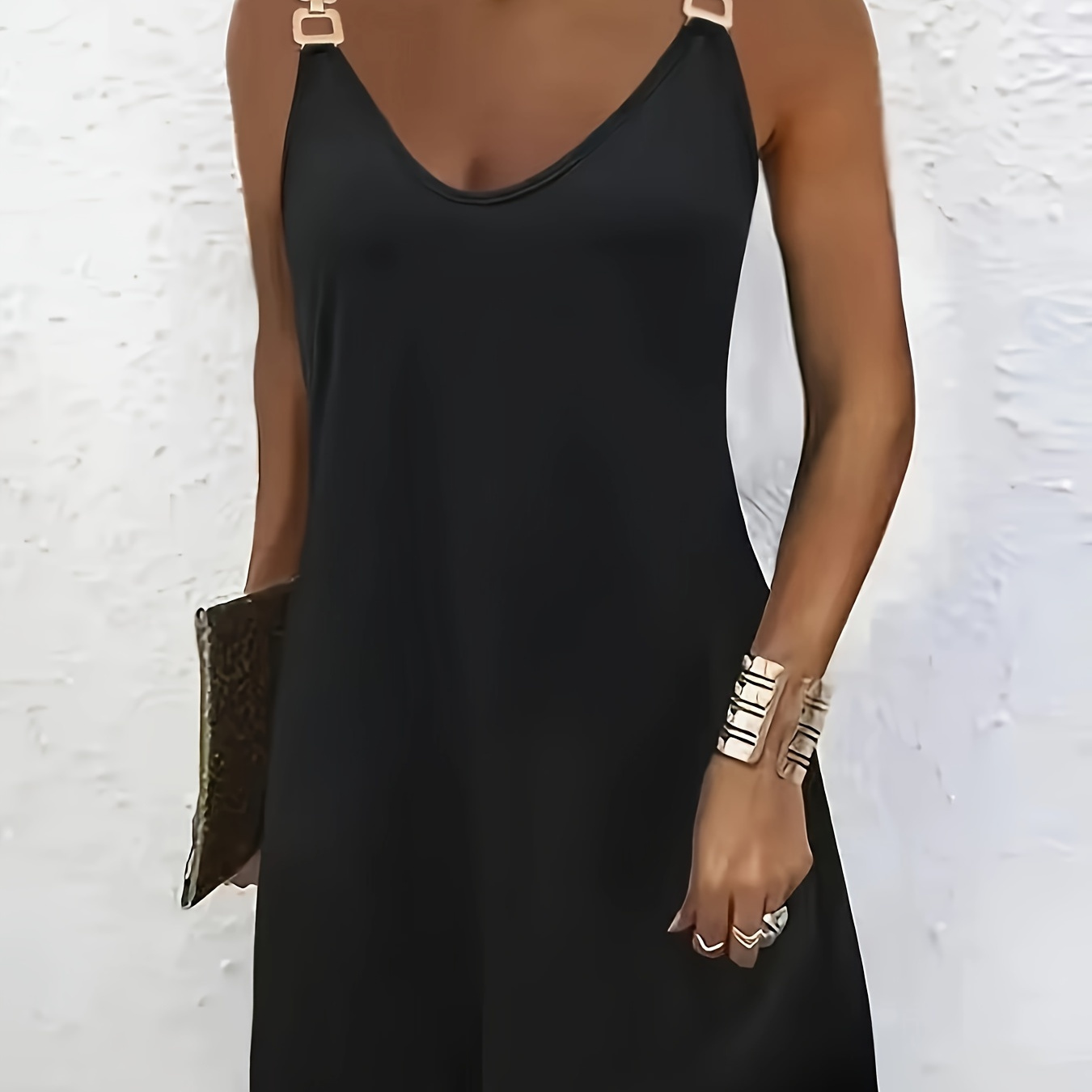 

Solid Chain Detail Backless Cami Dress, Elegant Sleeveless V-neck Dress, Women's Clothing