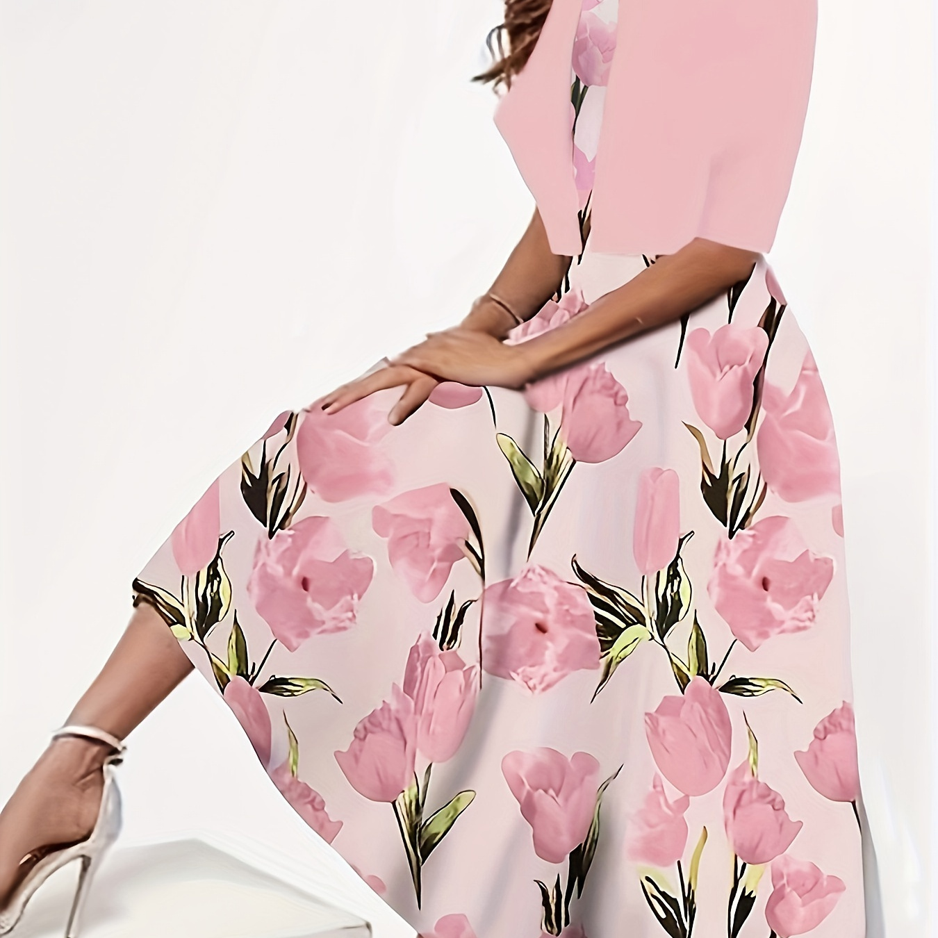 

Elegant Two-piece Dress Set, Half Sleeve Top & Floral Print Dress Outfits, Women's Clothing