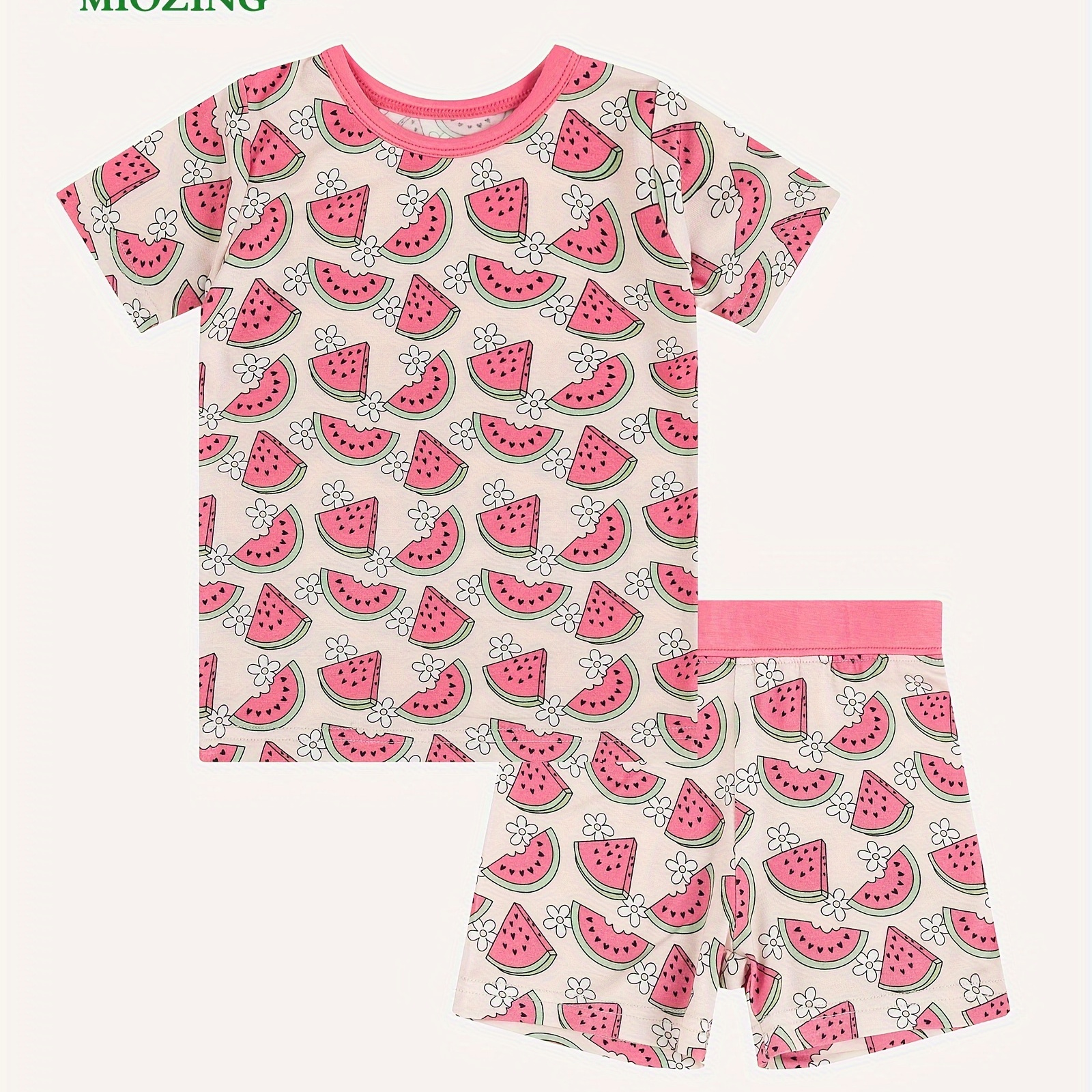 

Miozing Bamboo Fiber 2pcs, Toddler Kid's T-shirt & Comfy Shorts, Cartoon Watermelon & Flower Pattern Set, Baby Girl's Clothes