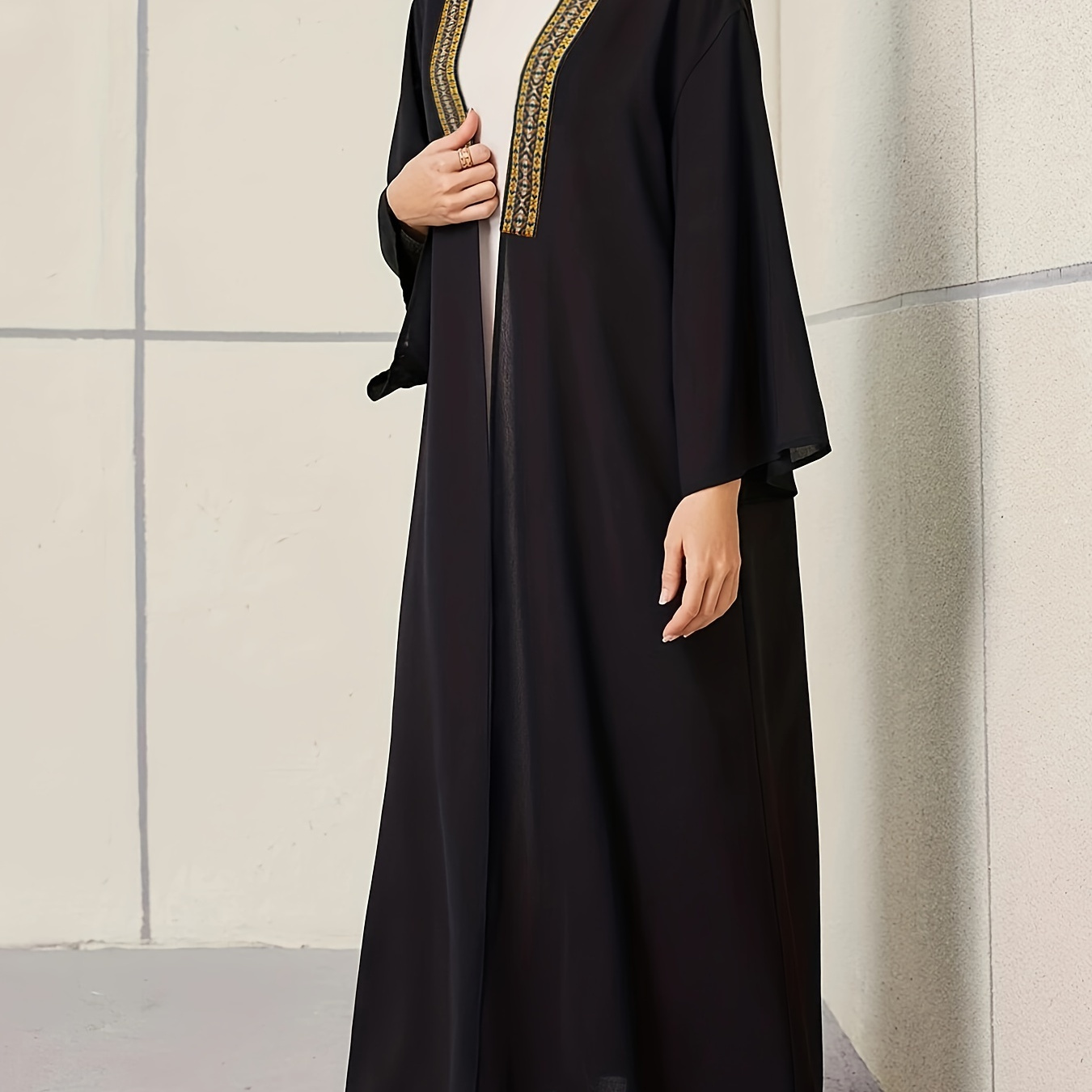 

Ramadan Golden Embroidered Kaftan, Modest Long Sleeve Open Front Cover Up, Women's Clothing