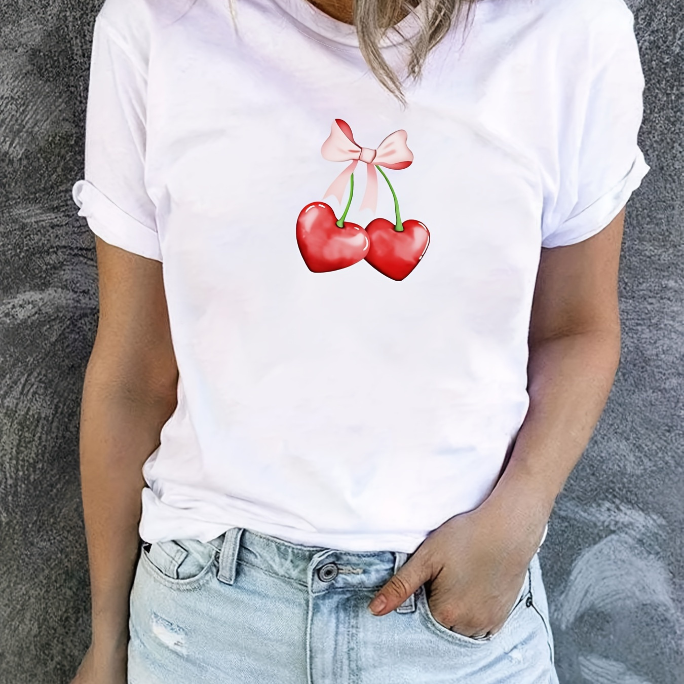 

Bow & Cherry Print Casual T-shirt, Crew Neck Short Sleeve Top For Spring & Summer, Women's Clothing