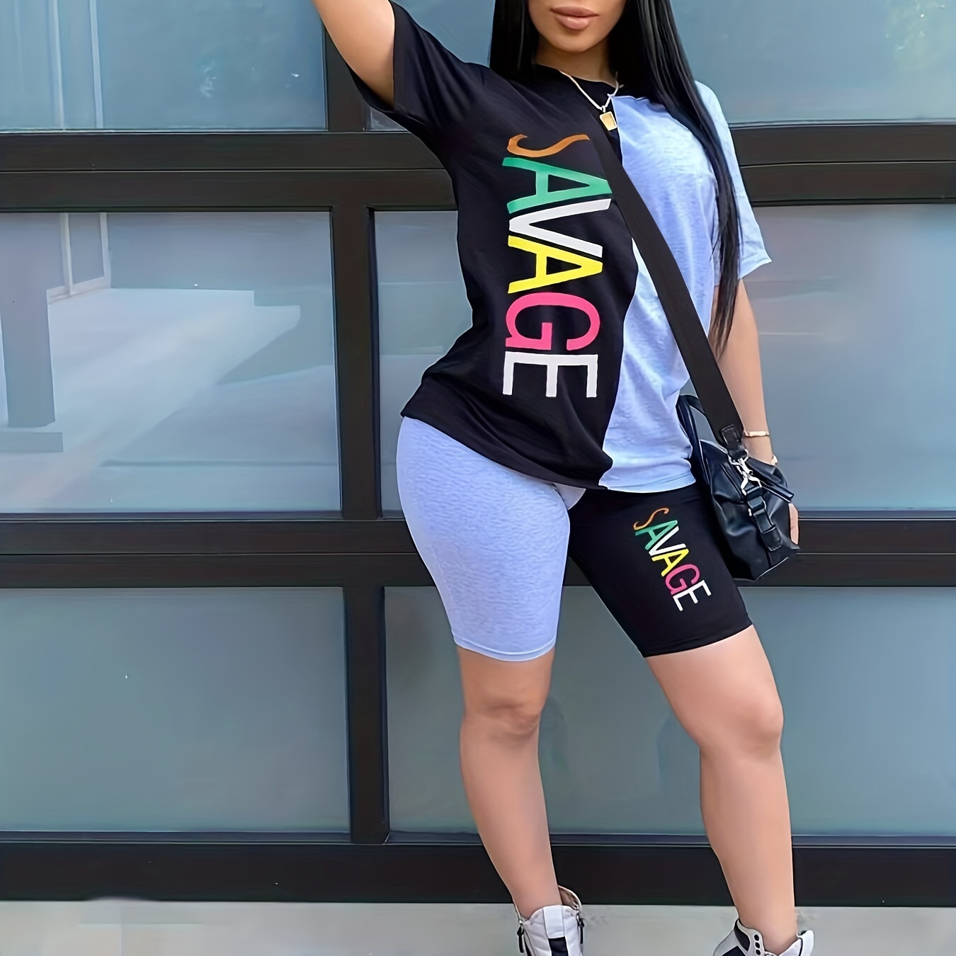 Color Block Two piece Set Casual Short Sleeve T shirt Letter - Temu