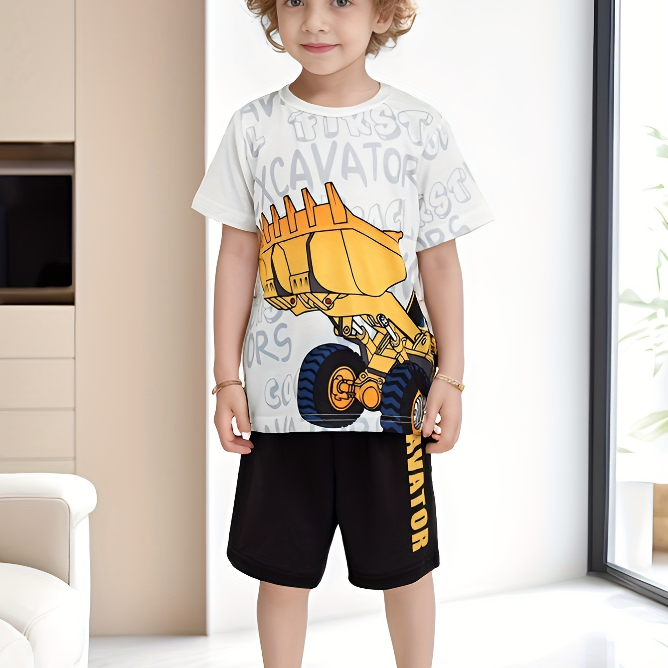 

2pcs Boys Casual Excavator Graphic Print Short Sleeve T-shirt & Shorts Set, Comfy Summer Boys Clothes