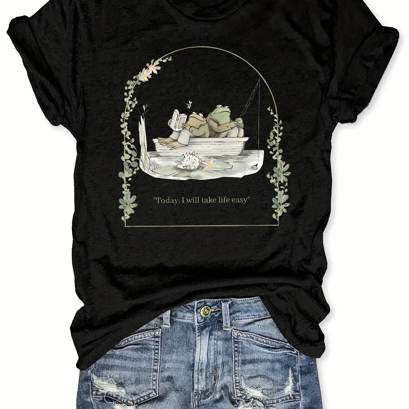 

Chic Frog & Book Graphic Tee For Women - Casual Crew Neck, Short Sleeve Top, , Breathable Polyester , Vintage, Cottage , Print