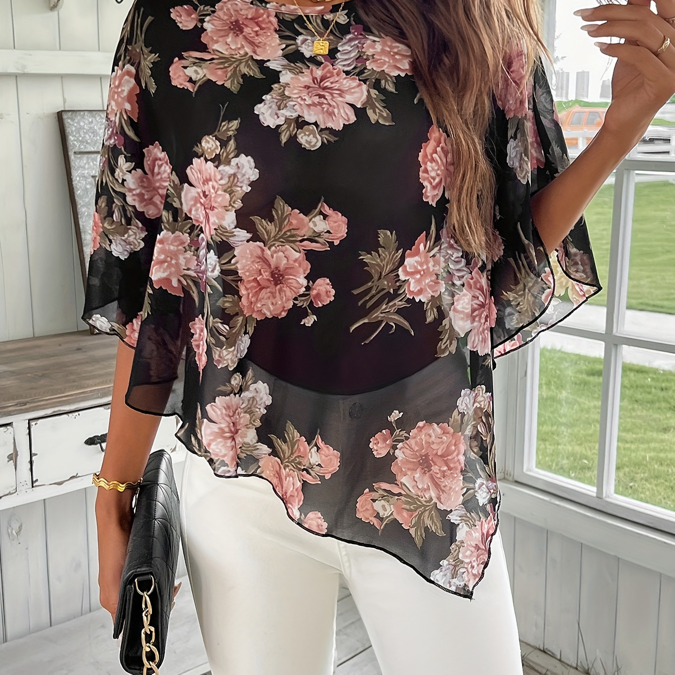 

Floral Print Asymmetrical Hem Blouse, Elegant Batwing Sleeve Loose Blouse For Spring & Fall, Women's Clothing