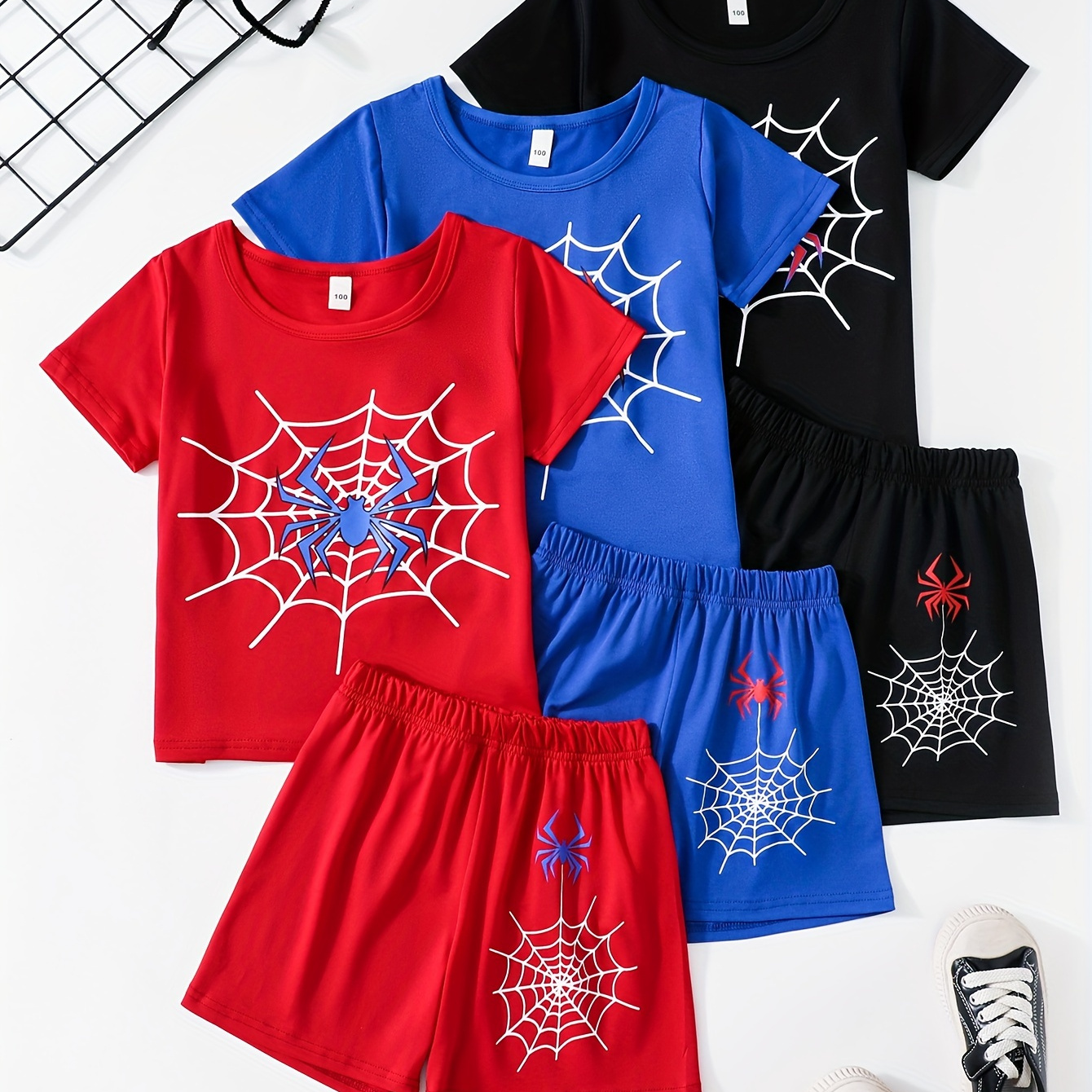 

6pcs Boys Casual Funny Spider Web Print Comfortable Versatile Short Sleeve T-shirt & Shorts Set, Cool, Lightweight And Comfy Summer Clothes