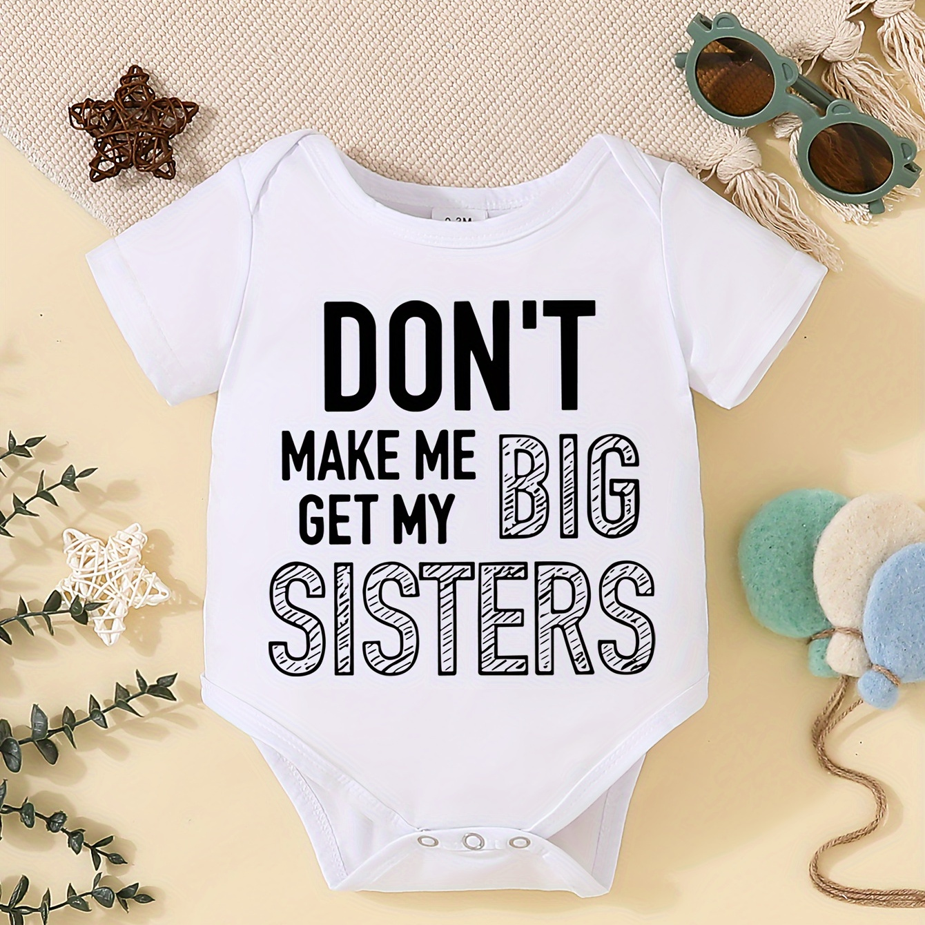 

Infant's Don't Make Me Get My Big Sisters Print Bodysuit, Casual Short Sleeve Romper, Baby Boy's Clothing