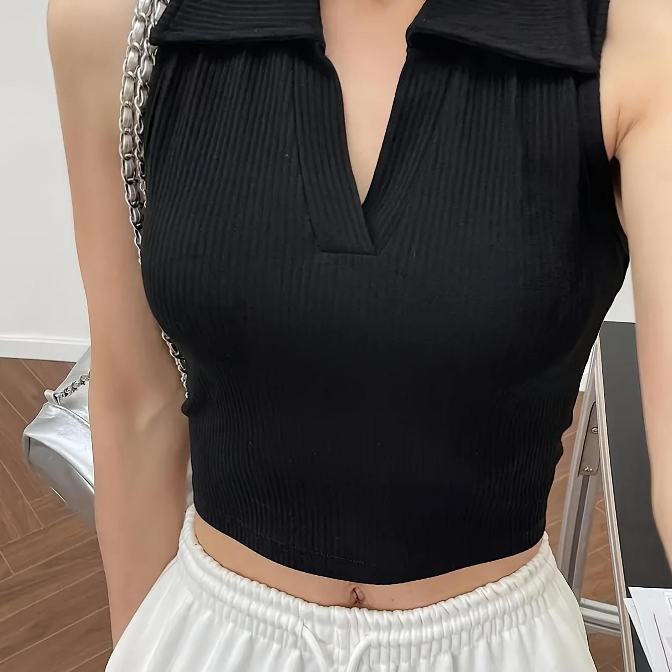 

Solid Collared Crop Tank Top, Casual Sleeveless Slim Tank Top For Summer, Women's Clothing