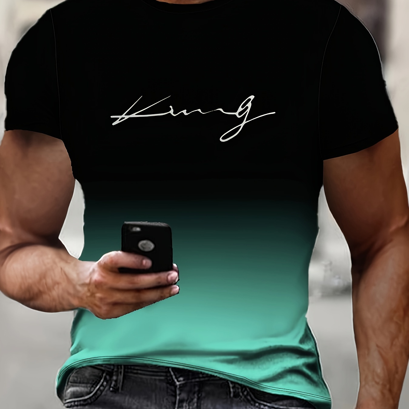 

T-shirt king pattern vert dégradé imprimé en 3D pour homme, manche courte décontractée, tissu polyester tricoté, col rond, confort pour toutes les , haut de mode adulte unisexe