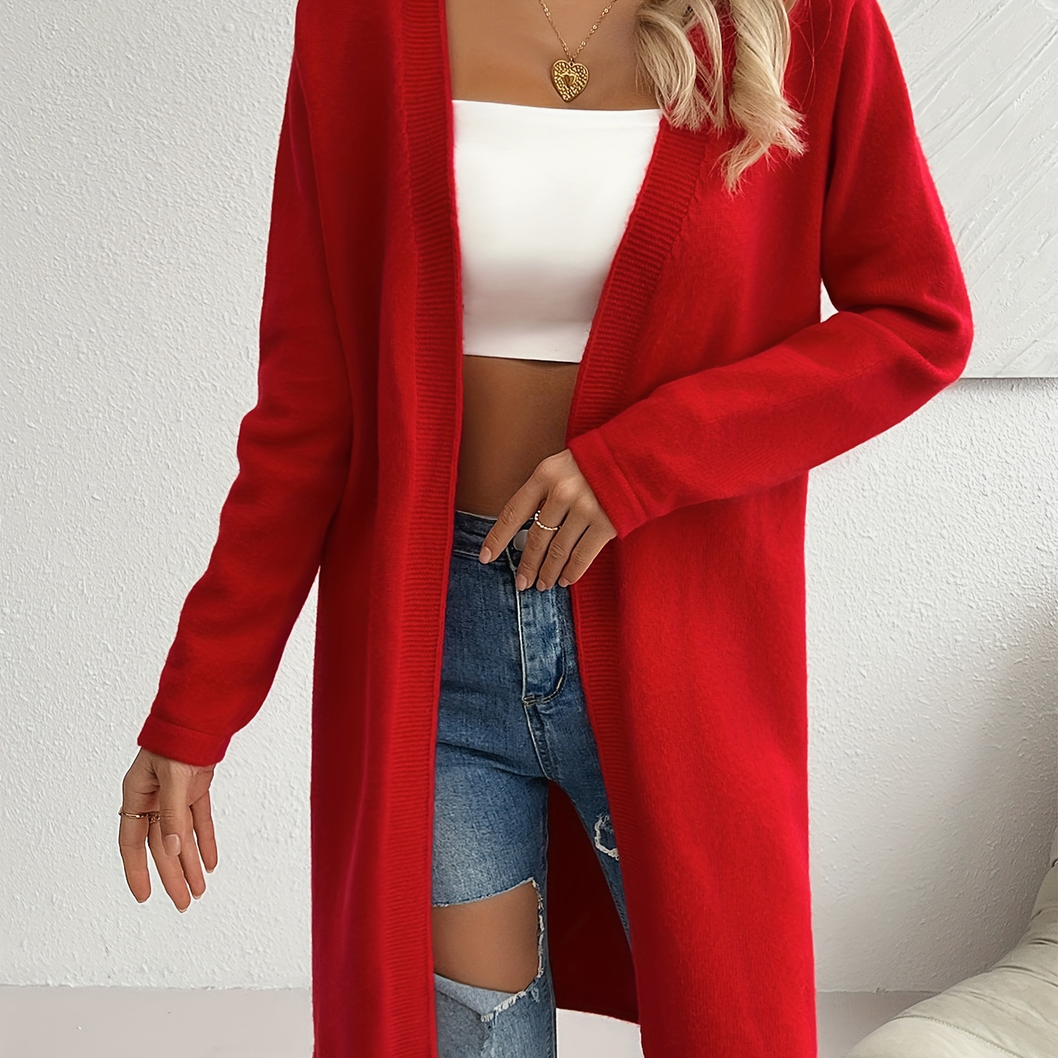 

Solid Color Open Front Long Length Knitted Cardigan, Casual Long Sleeve Cardigan For Spring & Fall, Women's Clothing