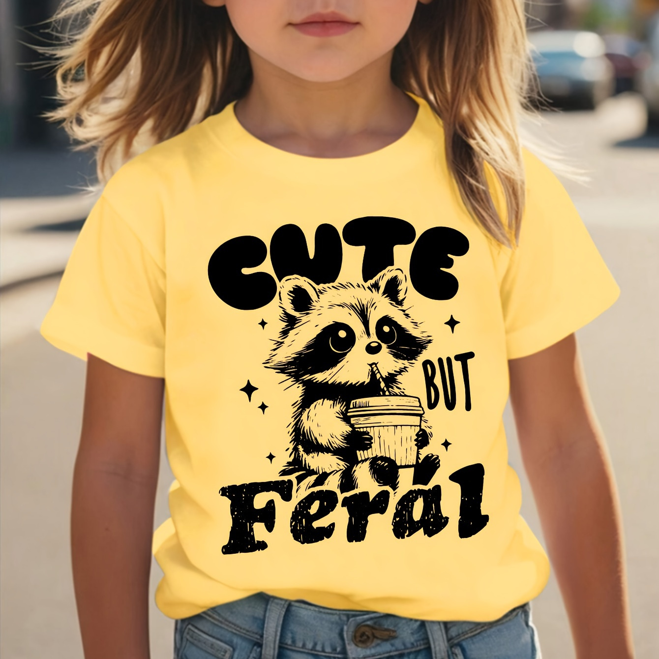 

Cute But Feral Raccoon Print, Short Sleeve T-shirt For Girls, Tee Shirt For Summer