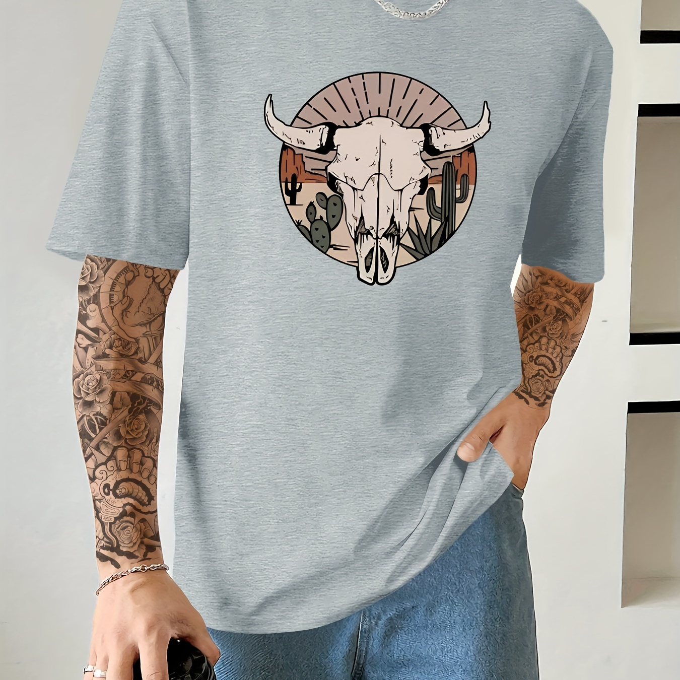 

Wild West Bull Graphic Print Men's Creative Top, Casual Short Sleeve Crew Neck T-shirt, Men's Clothing For Summer Outdoor
