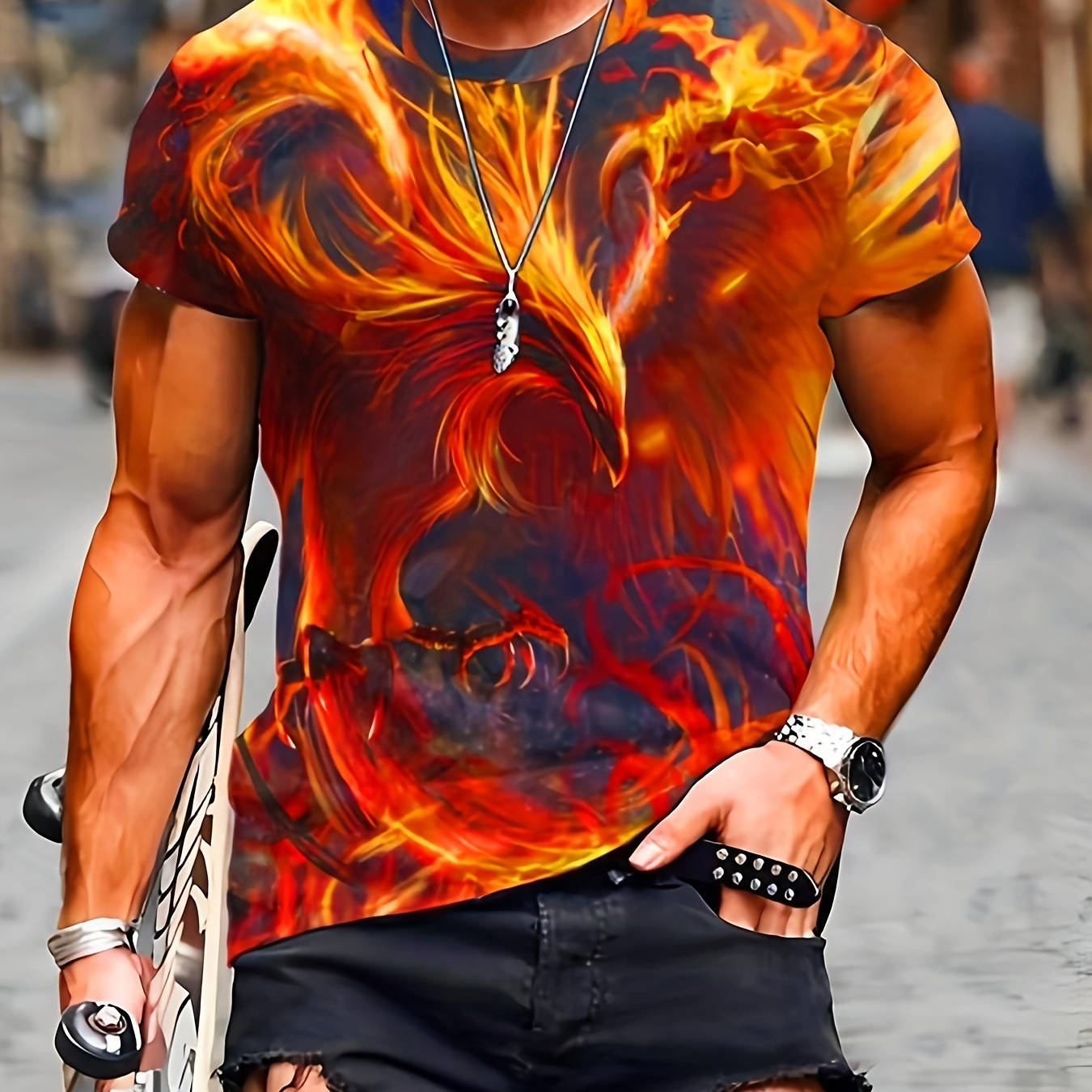 

Stylish Phoenix 3d Digital Pattern Print Men's Graphic T-shirts, Causal Comfy Tees, Short Sleeve Pullover Tops, Men's Summer Outdoor Clothing