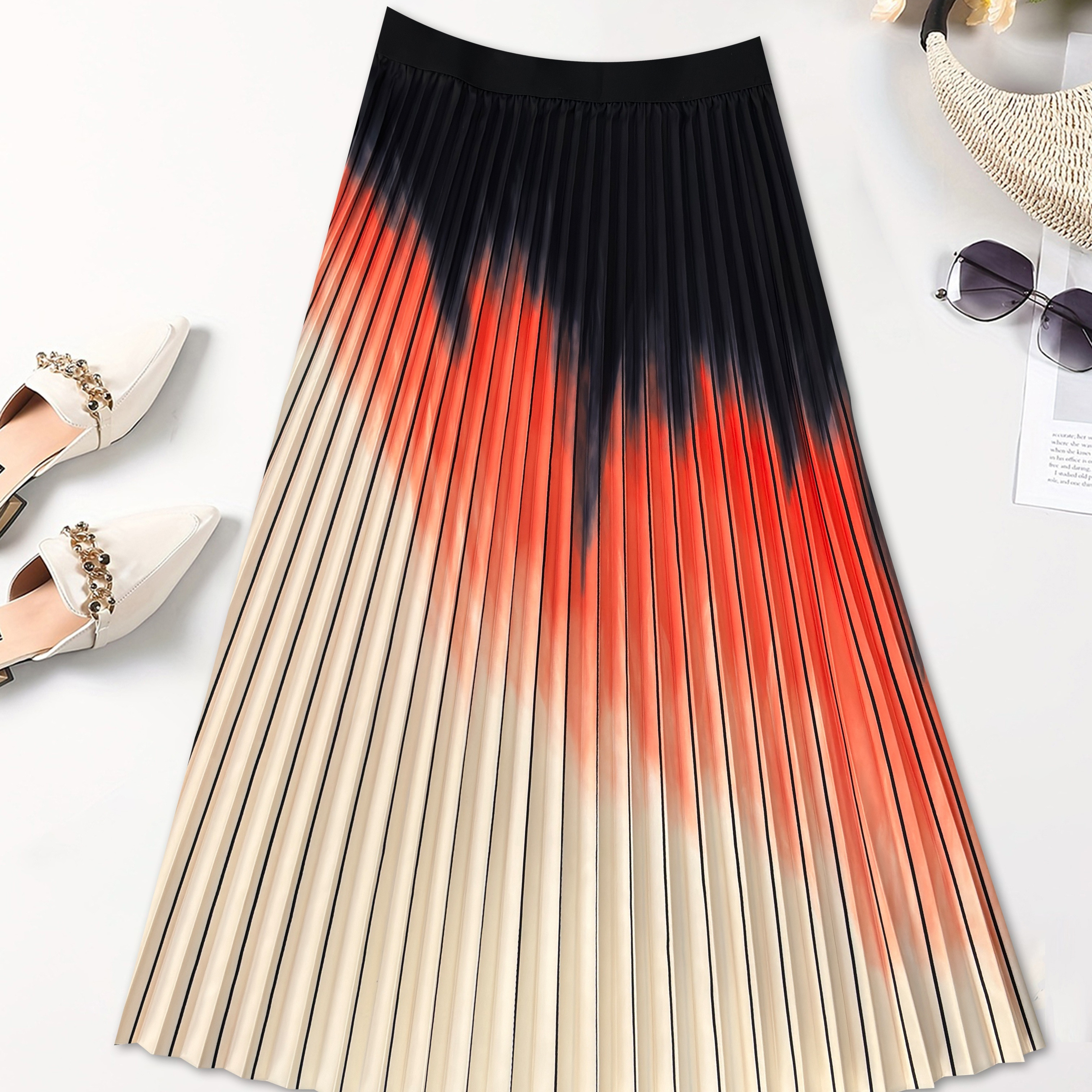 

Color Block Pleated Skirt, Elegant Skirt For Spring & Summer, Women's Clothing