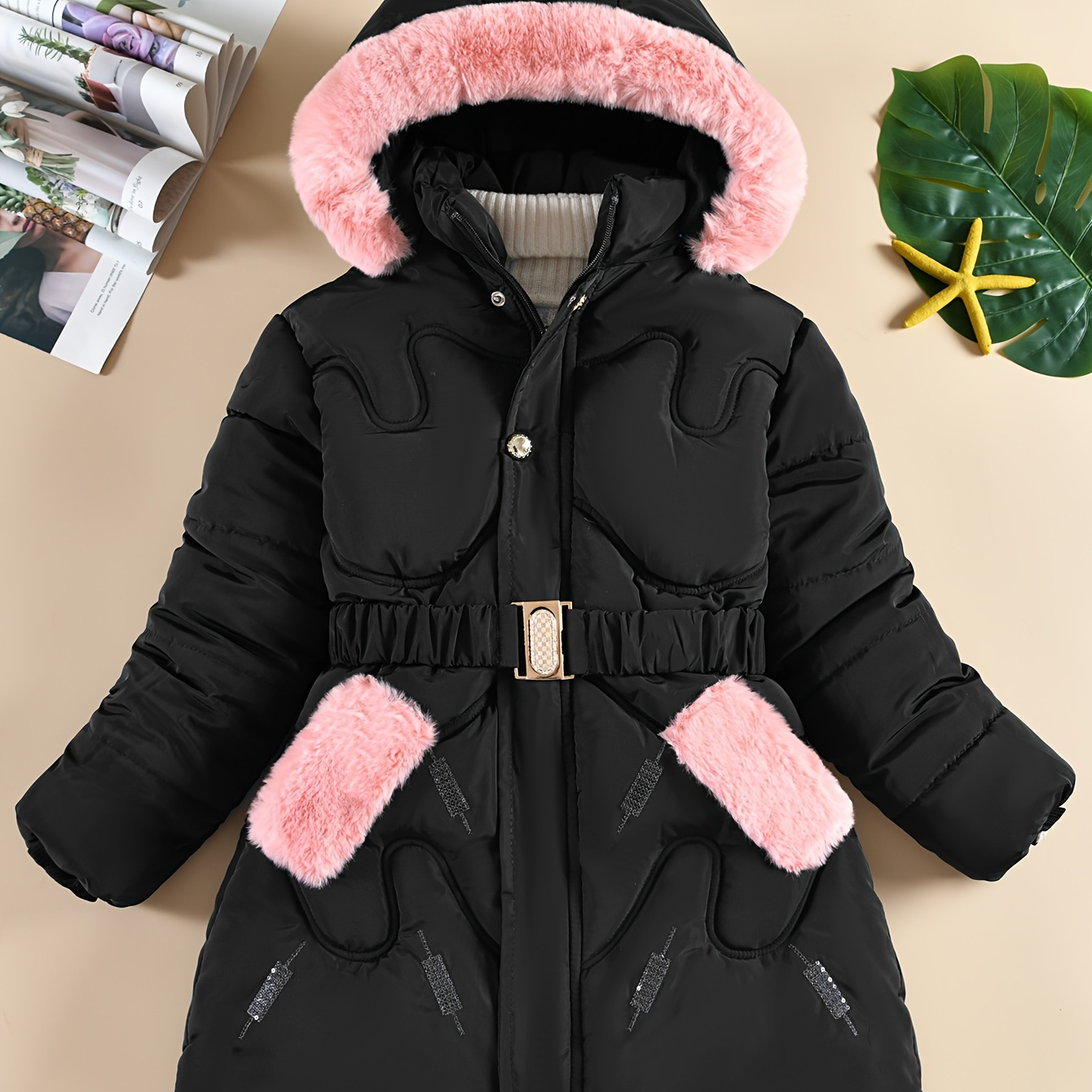 

Kids' Winter Puffer Coat With Detachable Faux Fur Hood And Belt, Geometric Pattern, 100% Polyester, Non-stretch Fabric - Suitable For Girls Aged 12 And Under