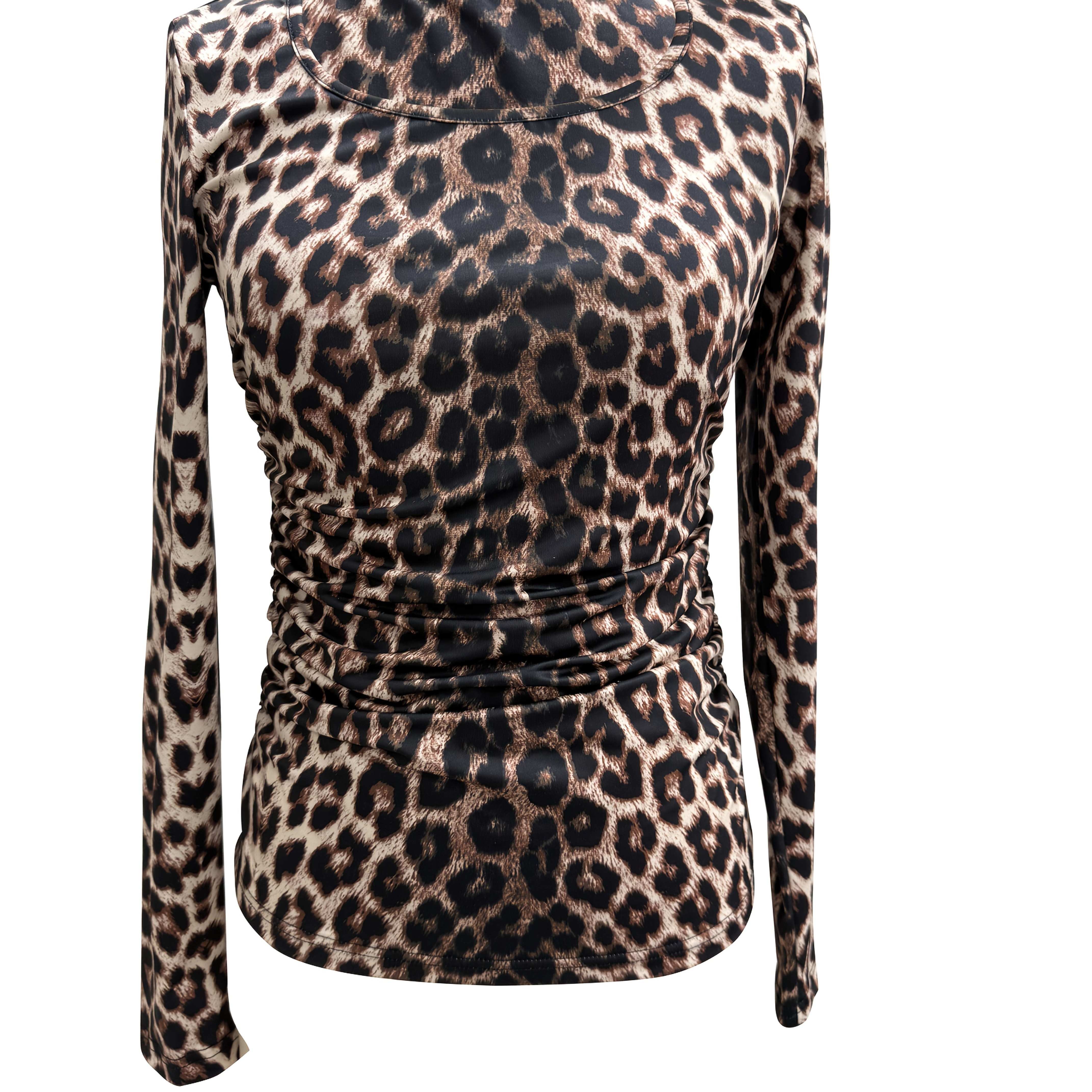 

Fashion Women's Elegant Leopard Print T-shirt With Neckline, Gradient Print, Gathered Knit, Fitted Short Sexy Top.