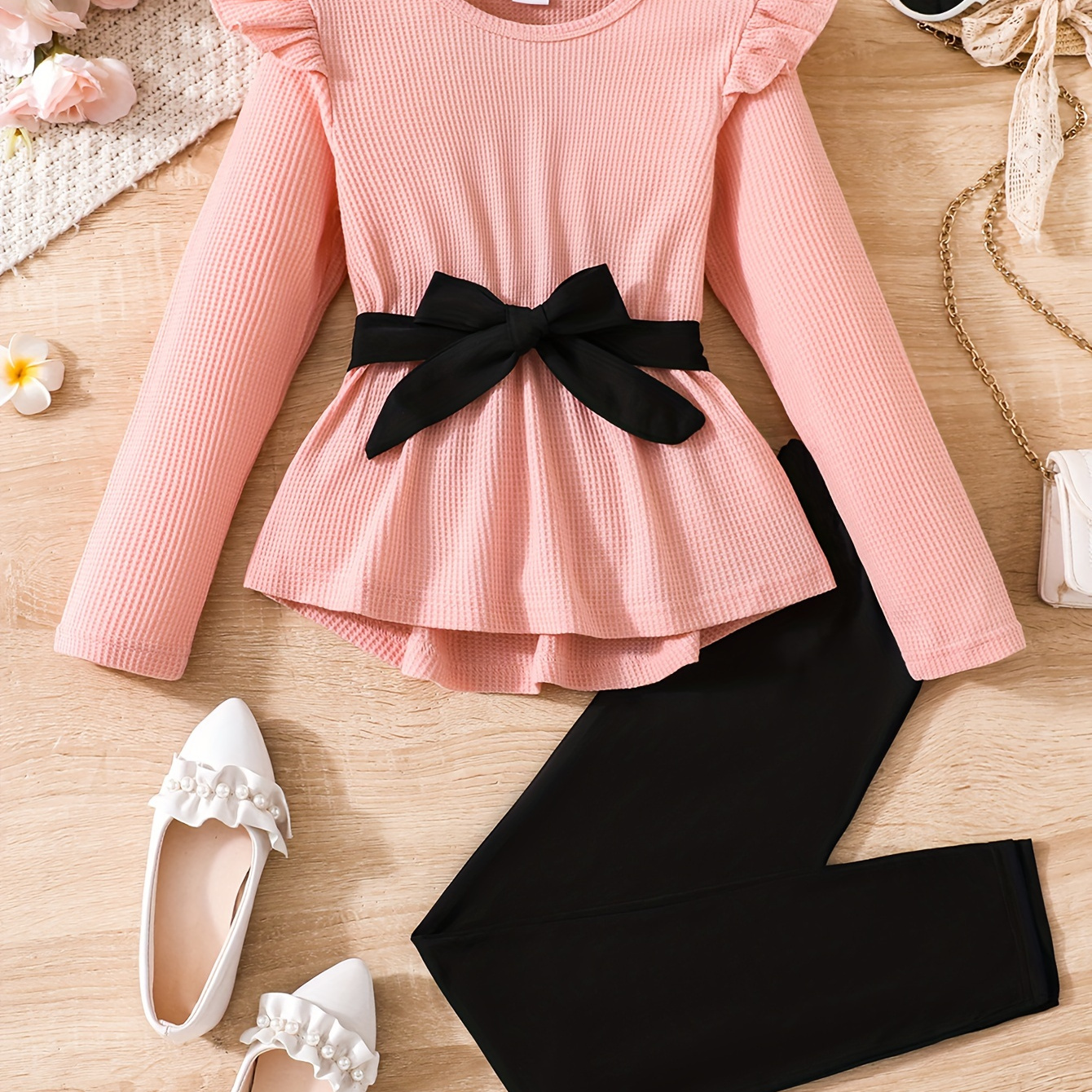 

Girls Elegant Style 2pcs Solid Color Ruffle Long Sleeve Top + Pants Two-piece Set