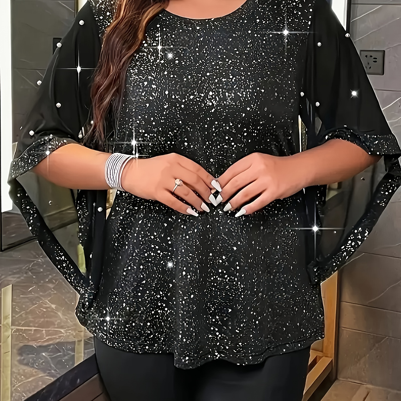 

Plus Size Beaded Mesh Stitching Top, Casual Crew Neck Irregular Sleeve Top For Spring & Summer, Women's Plus Size Clothing