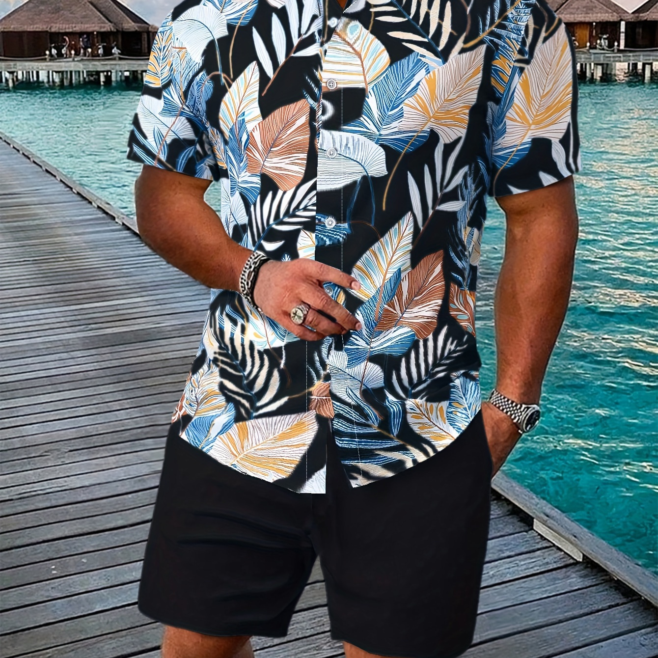 

Men's Outfit, Casual Leaves Graphic Print Lapel Short Sleeve Button Up Shirt & Shorts 2-piece Set For Outdoor Activities