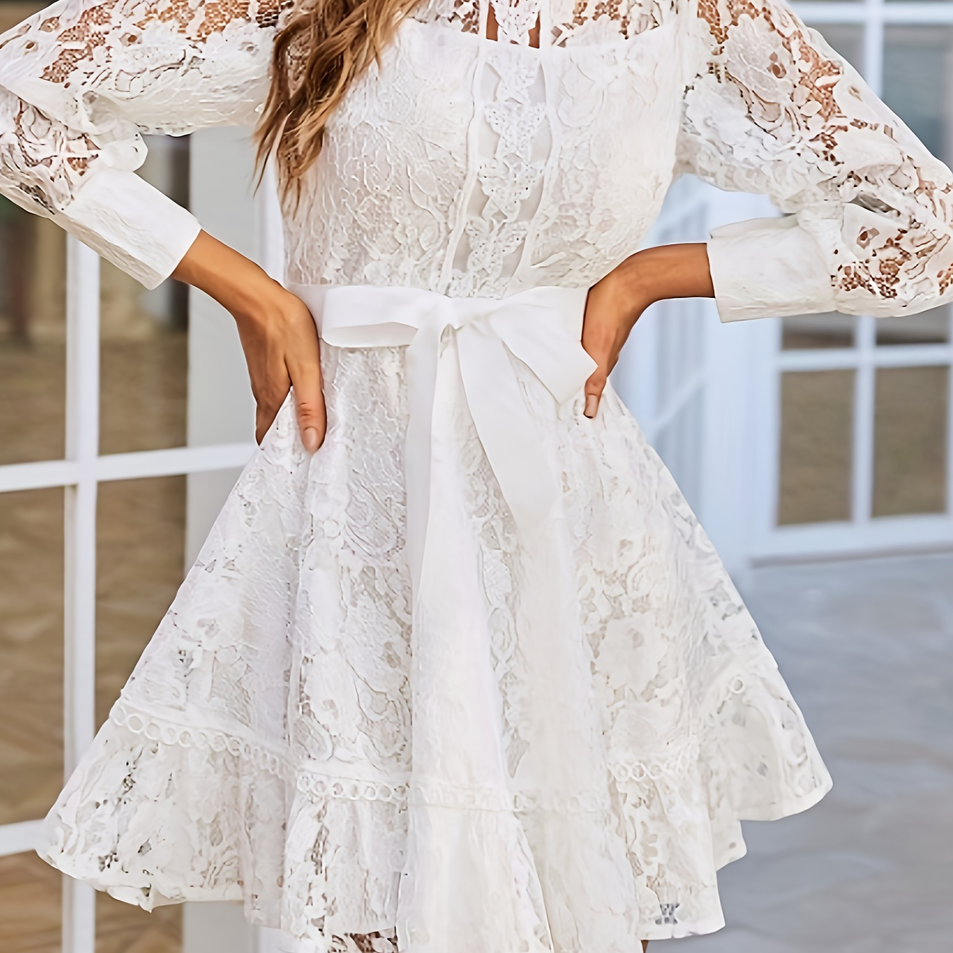 

Elegant Women's Long Sleeve Lace Dress - Intricate Cut-out Design, Polyester, Machine Washable With Stand Collar And Tie Waist Detail, All , Special Wear|| Fabric