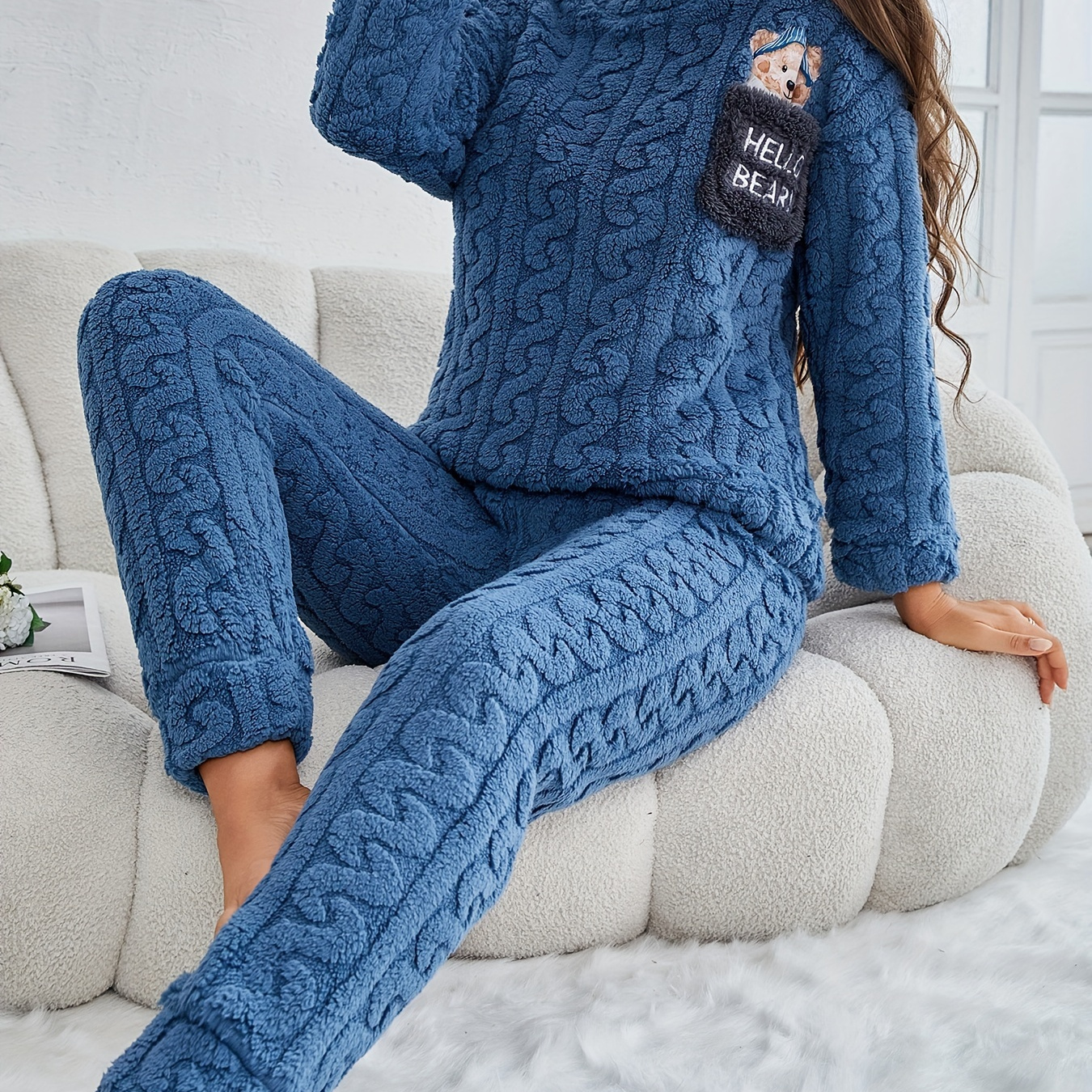 

Cute Winter Pajama Set For Adults - Cozy Knit Fabric, Long Sleeve, Round Neck, Solid Color, With Pocket, Thickened For Cold Weather