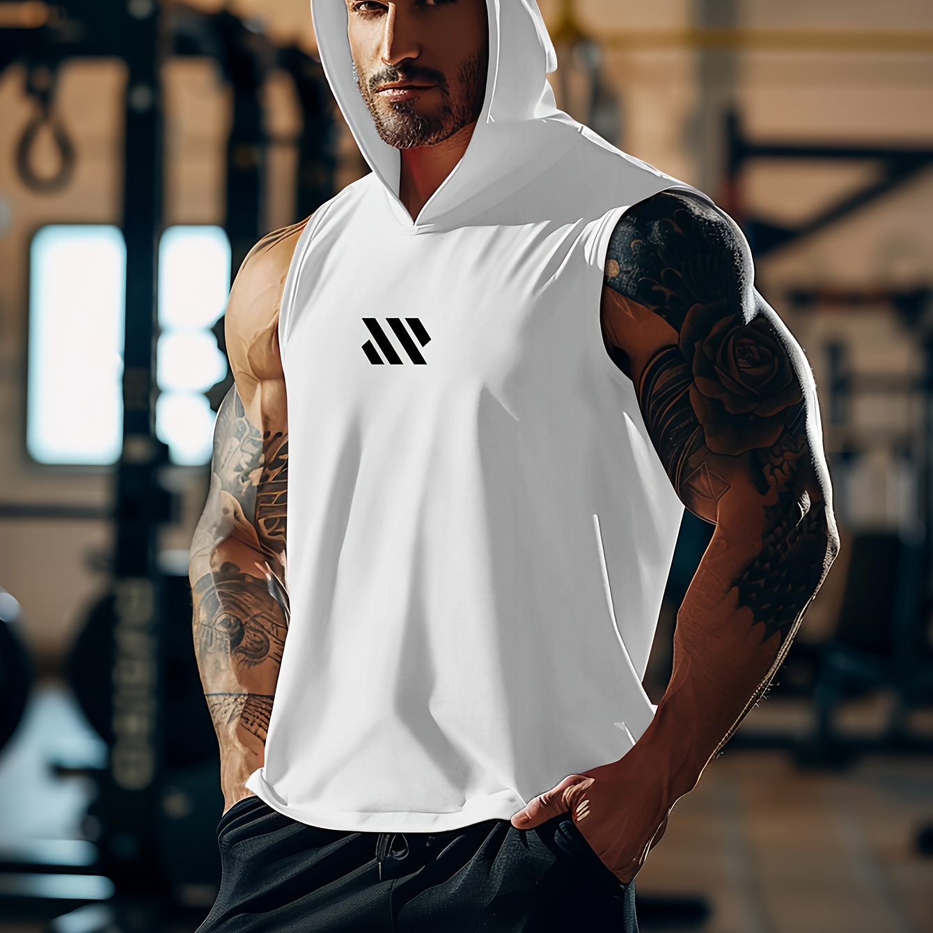 

Geometric Print Summer Men's Quick Dry Moisture-wicking Breathable Hooded Tank Tops, Bodybuilding Sports Sleeveless Shirts, For Running Training, Men's Clothing