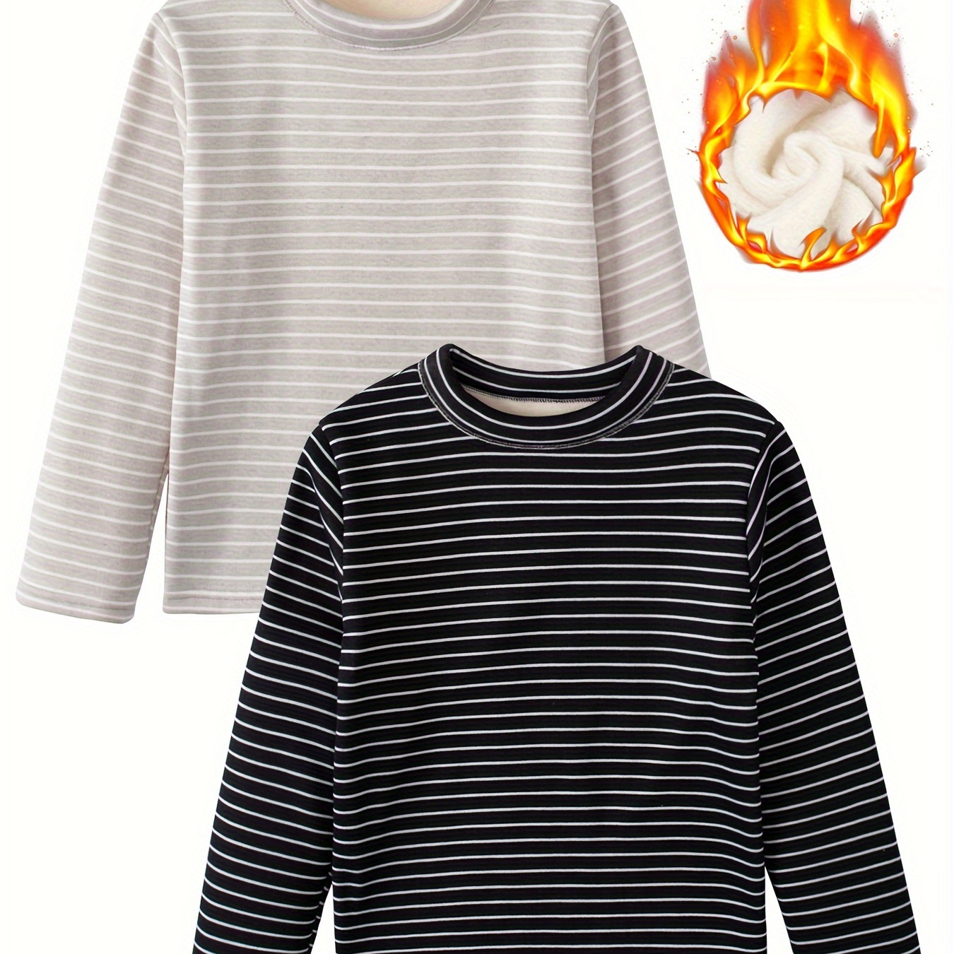 

2pcs Boy's Striped Baisc Thermal Warm Underwear T-shirt. Kids Lightweight Comfortable Base Layer Top