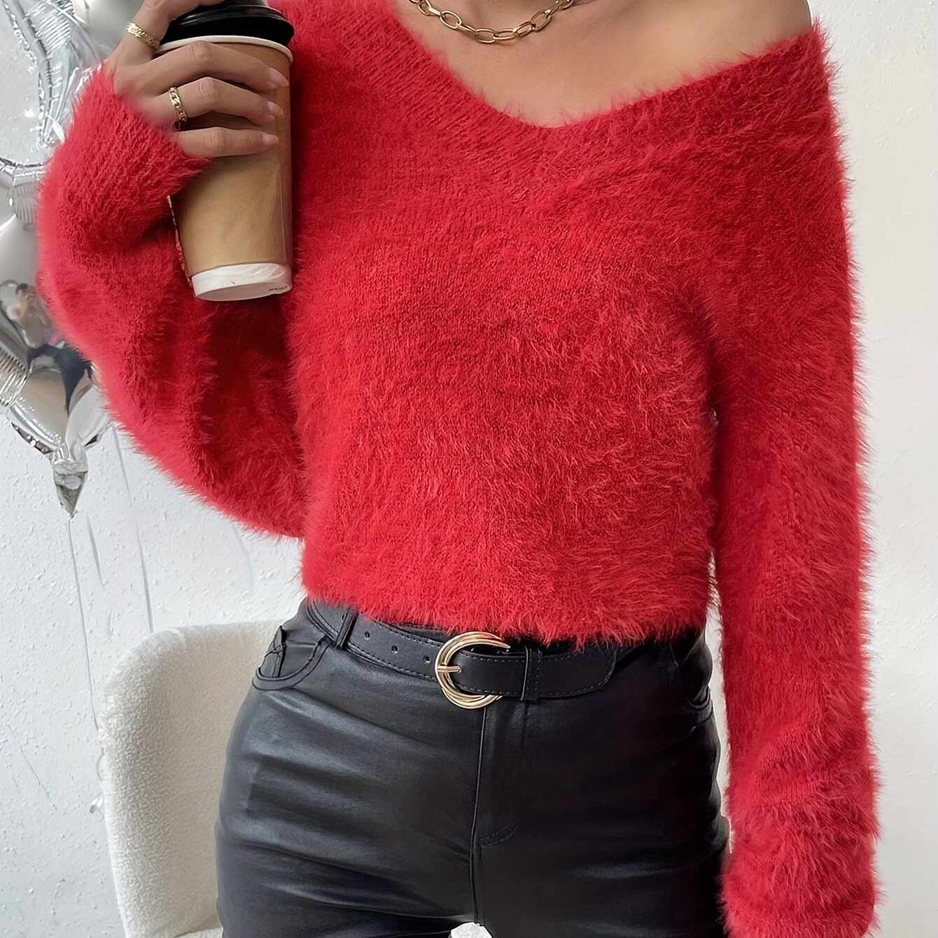 

Solid Color V Neck Fluffy Sweater, Elegant Long Sleeve Sweater For Fall & Winter, Women's Clothing