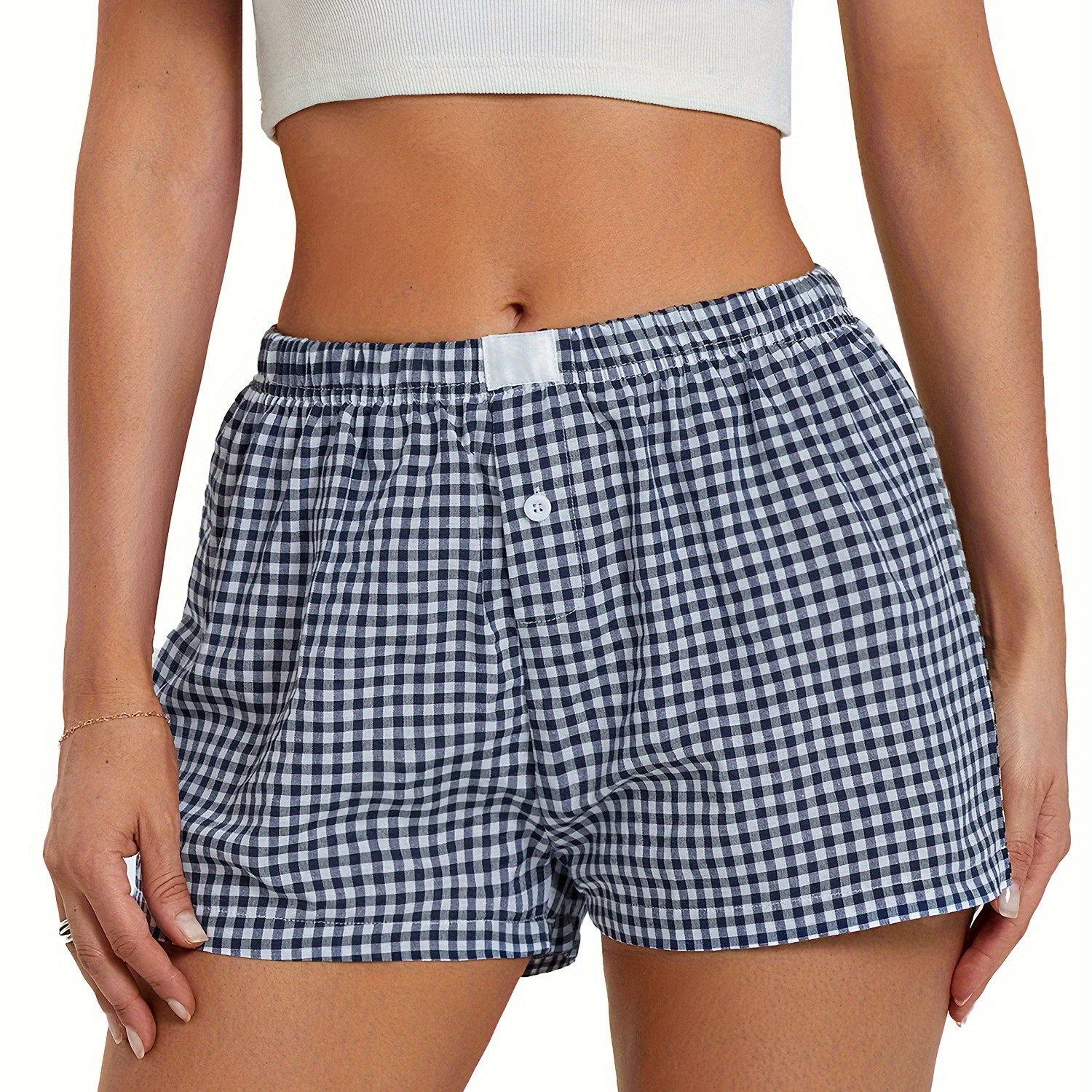 

Plaid Print Elastic Waist Shorts, Casual Button Loose Shorts For Summer, Women's Clothing