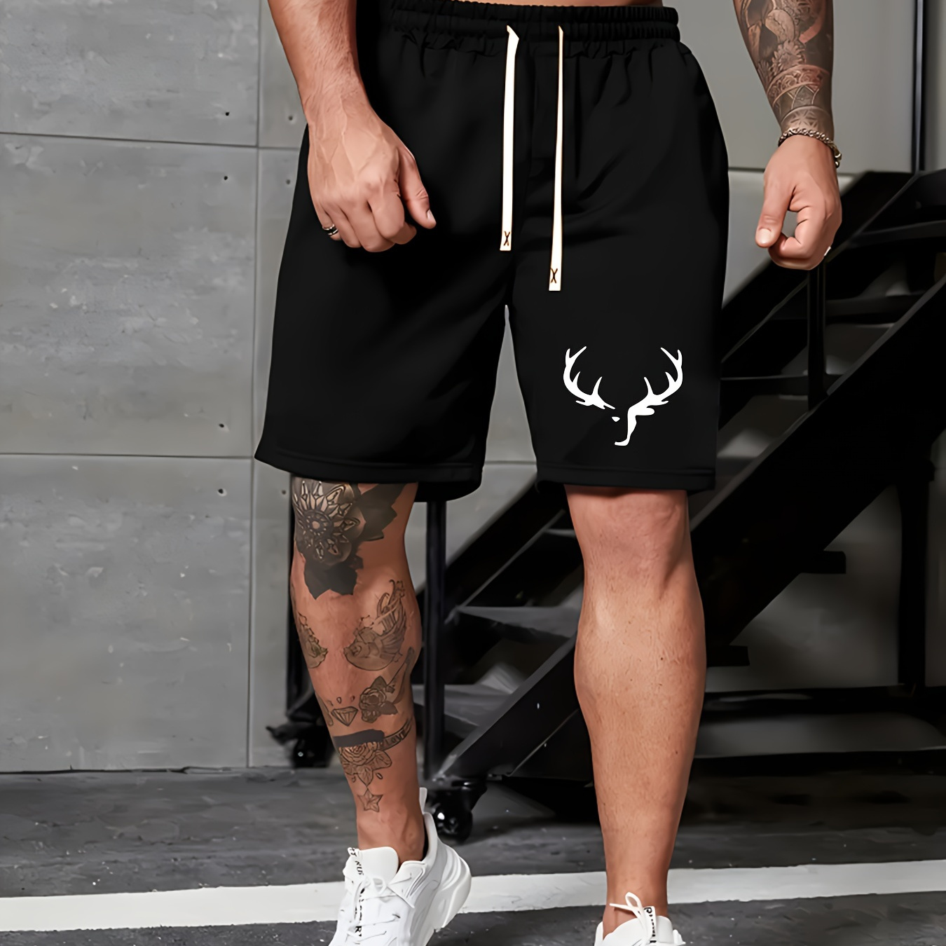 

Men's Trendy Deer Graphic Pattern Shorts With Pockets, Casual Breathable Drawstring Shorts For Summer, Men's Clothing
