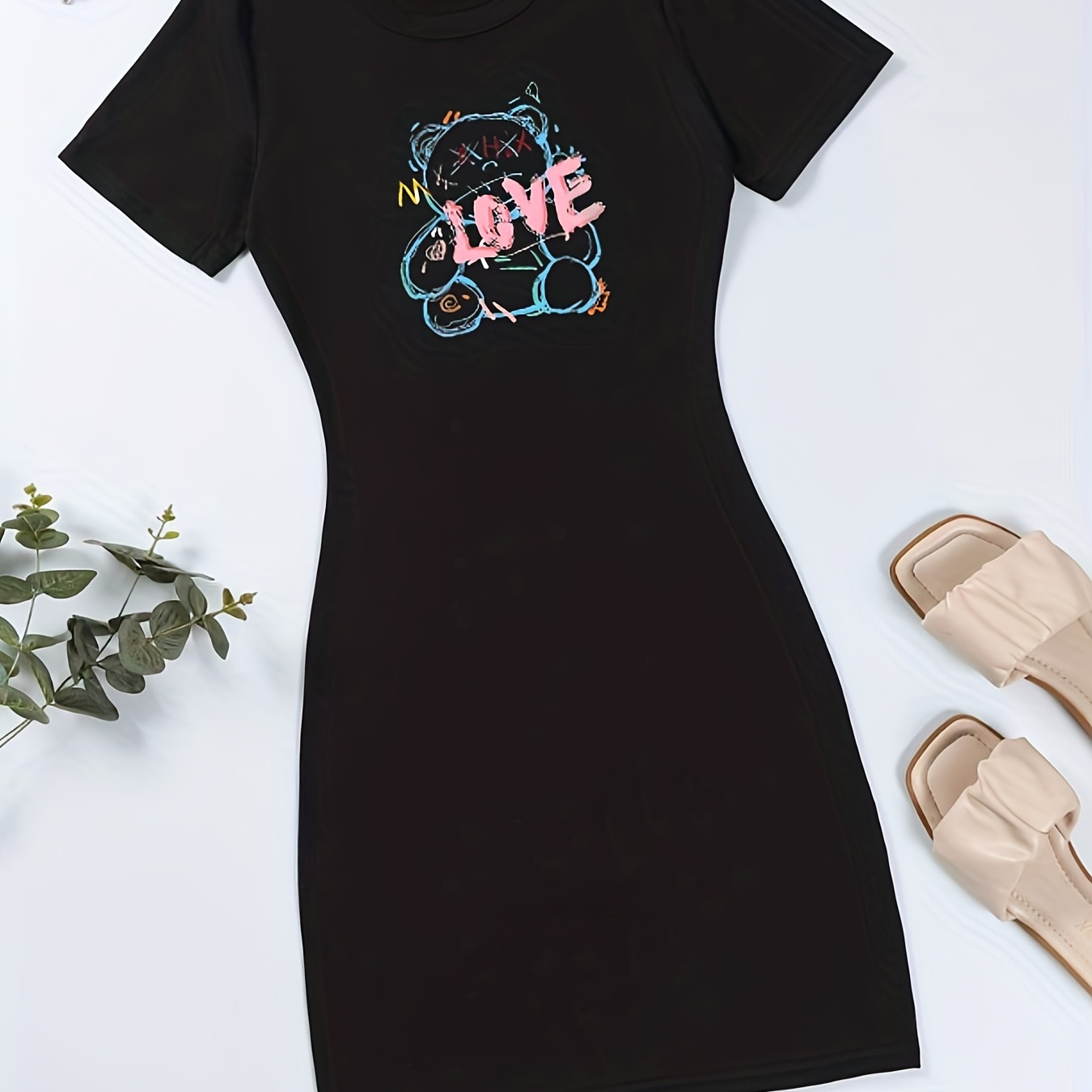 

Love Bear Print Crew Neck Dress, Cute Short Sleeve Dress For Spring & Summer, Women's Clothing
