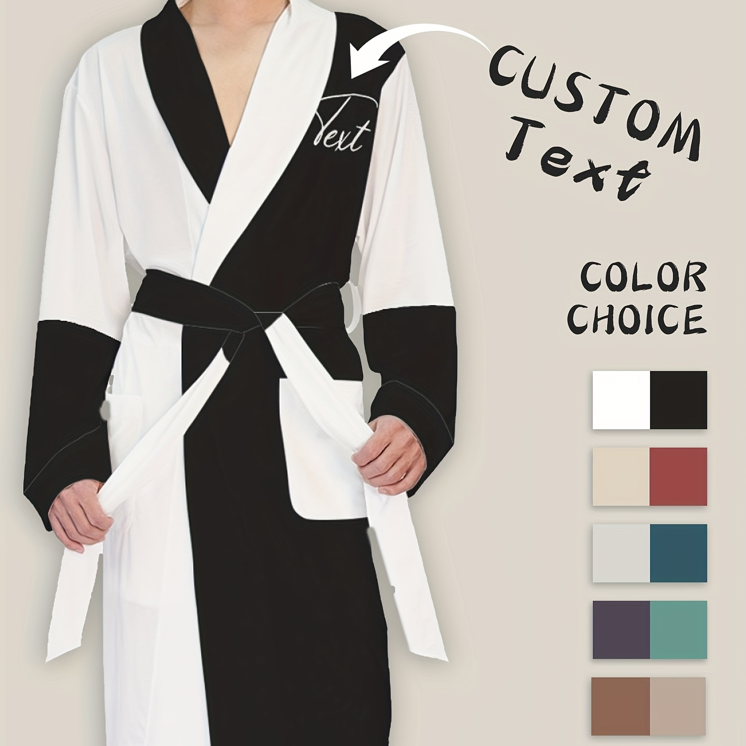 

1pc Custom Text Bathrobe, Polyester Long Sleeve Lapel Robe With Pockets, Stretch Knit Fabric, Regular -season Adult Bathrobe With Belt