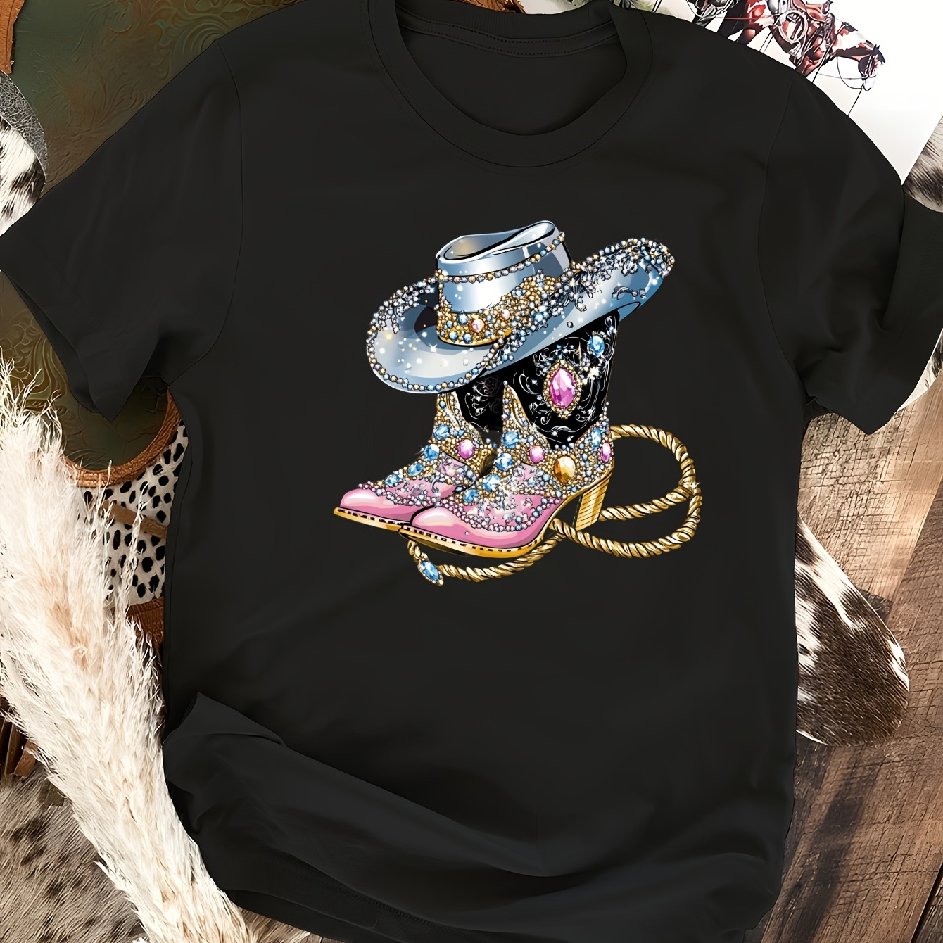 

Western Cowboy Boot T-shirt, Polyester Crew Neck Tee, Knit Fabric, Regular Length, Bohemian Style, For All