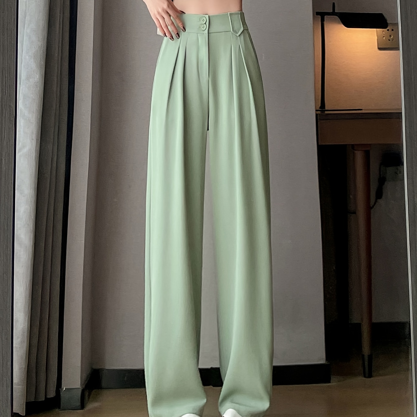 

Women's High-waisted Wide Leg Trousers With Double Button Detail, Casual Loose Fit Straight-leg Dress Pants