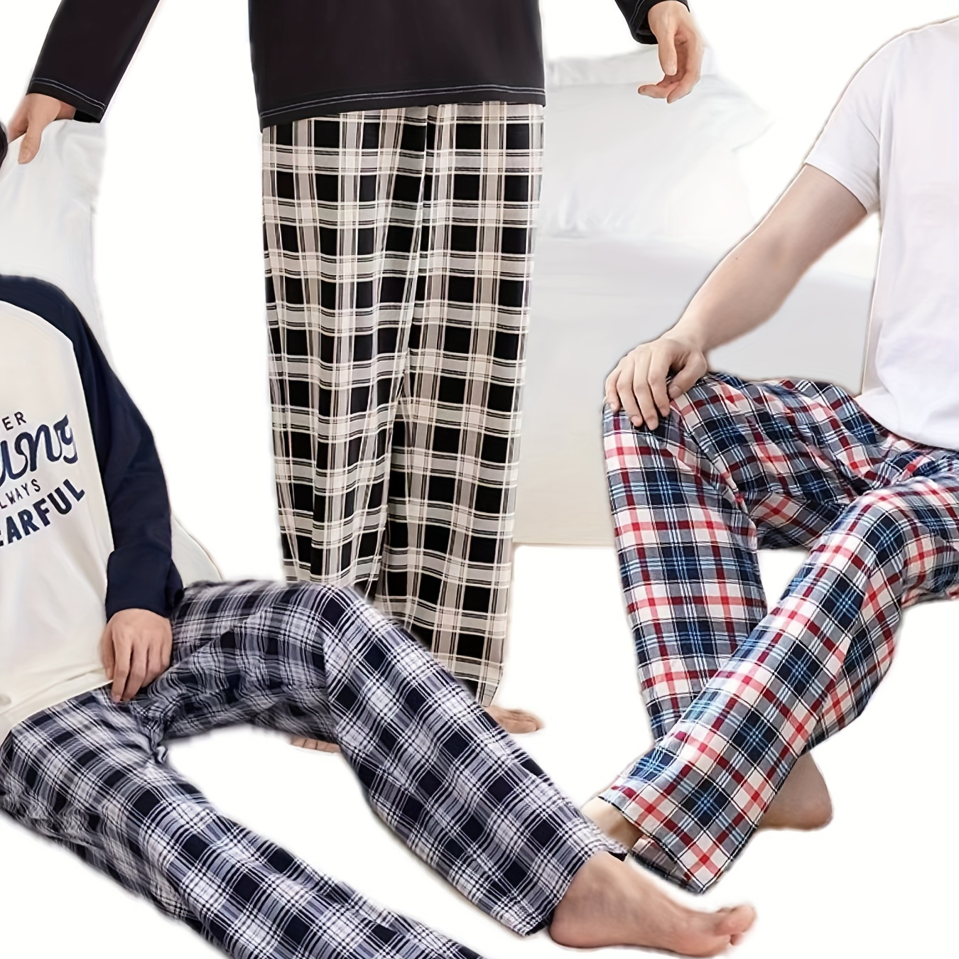 

3 Pcs Men's Simple Plaid Super Loose Pajama Pants, Stylish All-match Pants, Comfy & Breathable For Summer