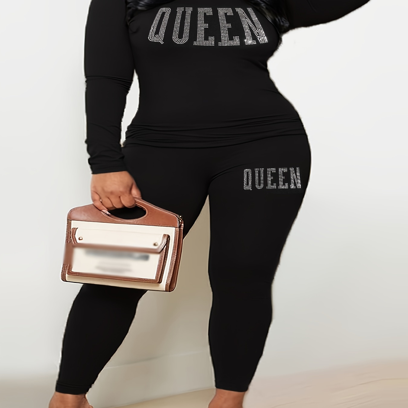 

Plus Size Casual Outfits 2 Piece Set, Women's Plus Rhinestone Letter Print Long Sleeve Round Neck Slight Stretch Crop Top & Leggings Outfits 2 Piece Set