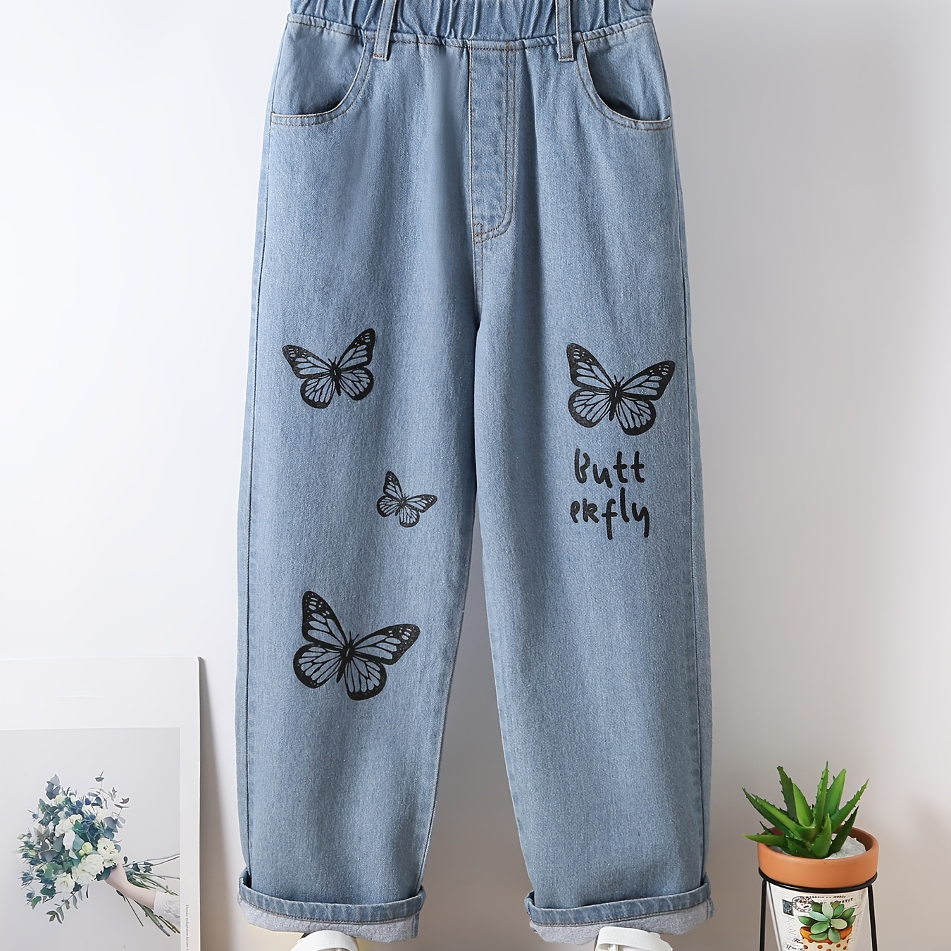 Girls Butterfly Graphic Pocket Casual Sports Loose Elastic Waist Wide Leg Jeans Kids Spring Summer Clothes