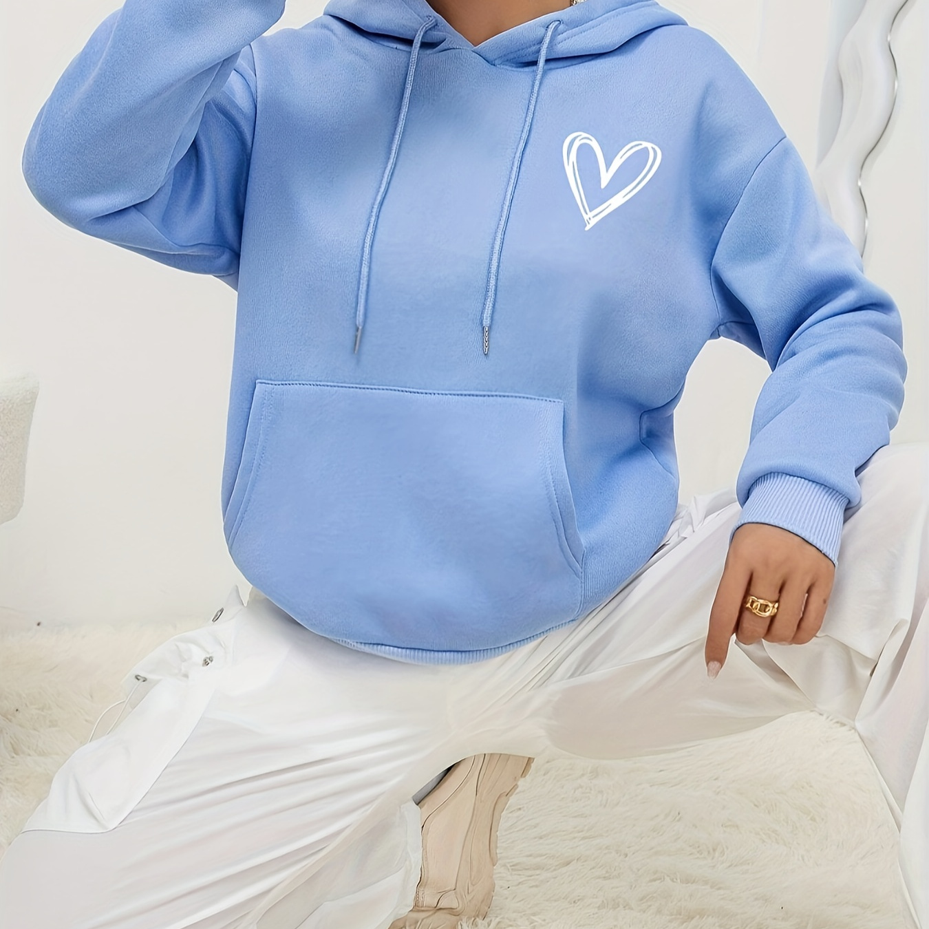 

Valentine's Day Heart Print Drawstring Hoodie, Casual Long Sleeve Hooded Sweatshirt For Spring & Fall, Women's Clothing