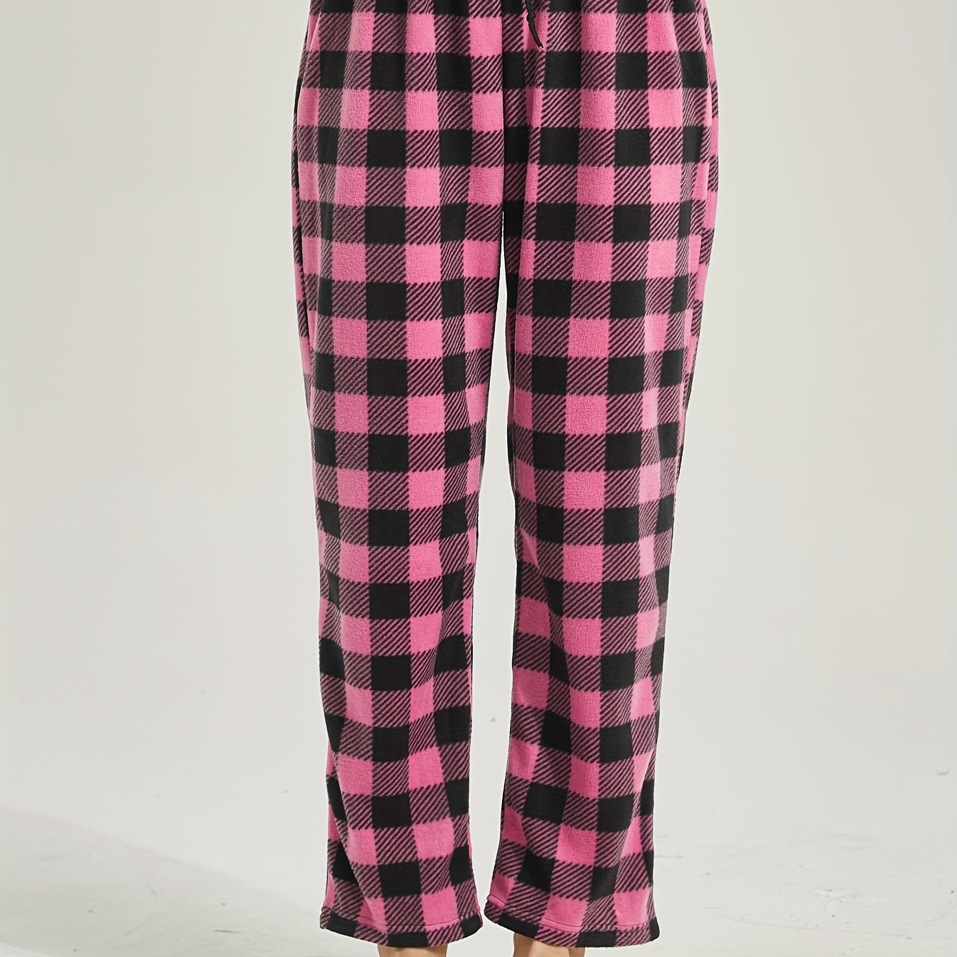 

Casual Plaid Print Plush Lounge Bottoms For Fall & Winter, Drawstring Elastic High Waist Loose Fit Home Pants, Women's Sleepwear & Loungewear