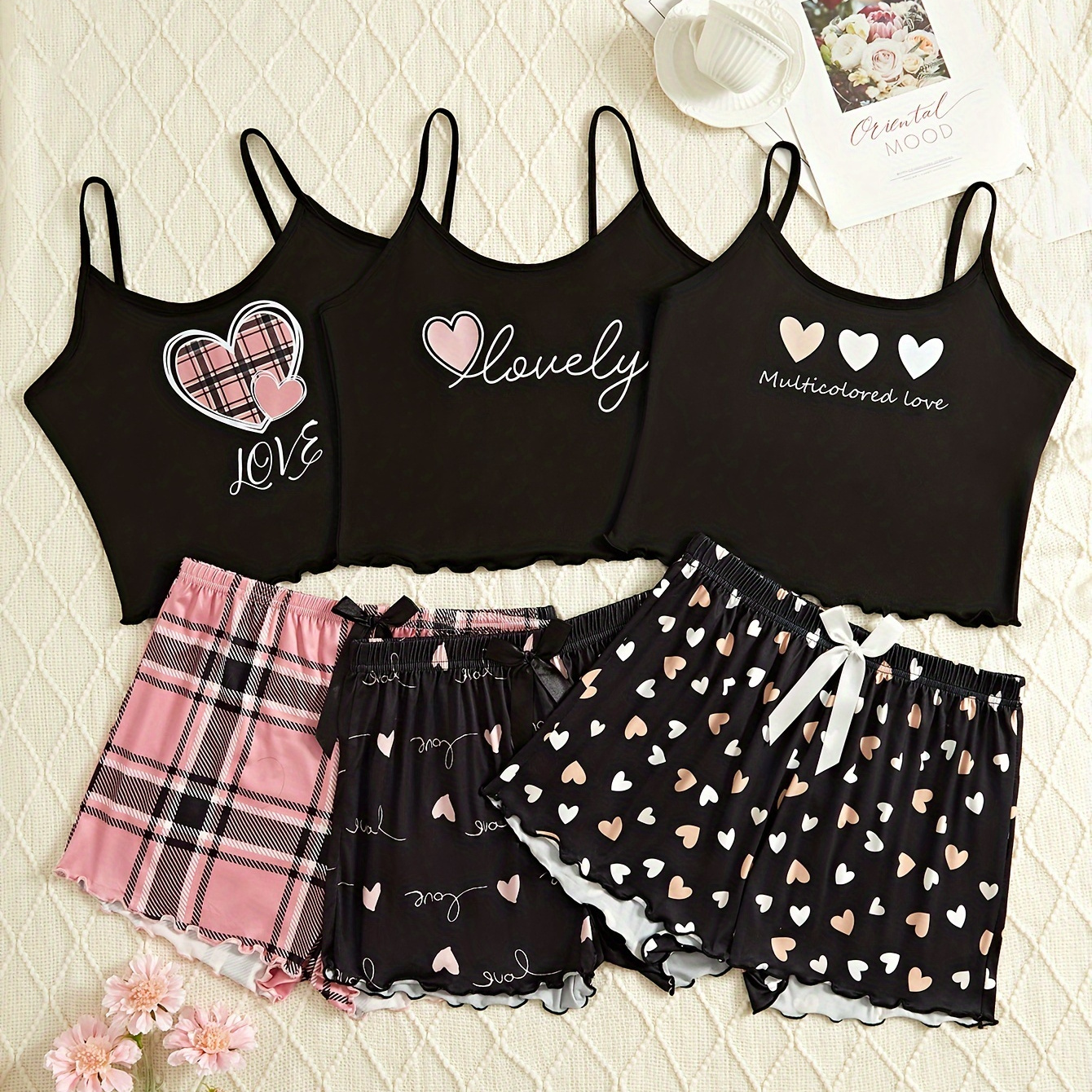 

3 Sets Casual Heart & Letter Print Frill Trim Pajama Set, Round Neck Backless Cami Top & Elastic Shorts, Women's Sleepwear